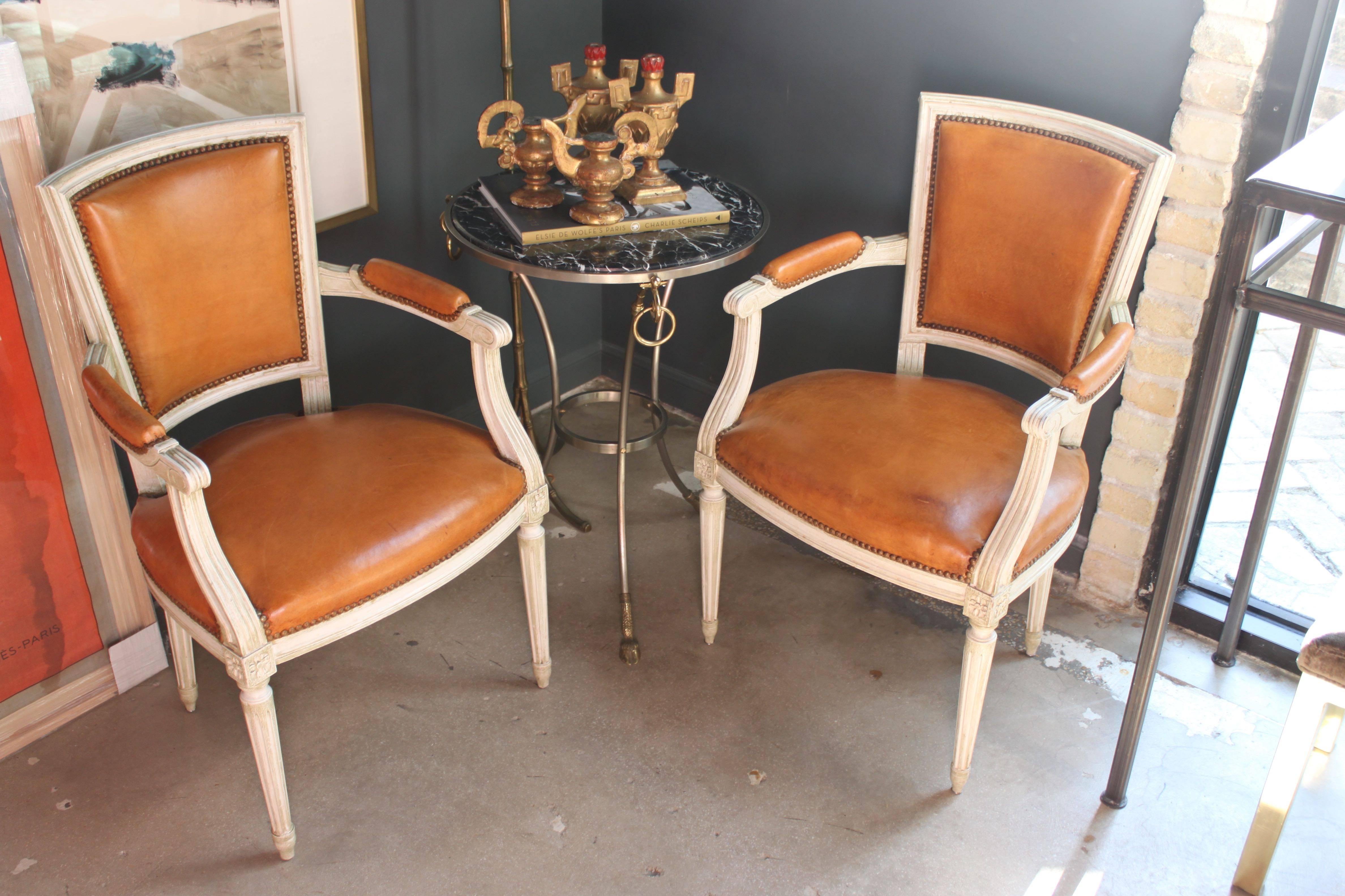 Pair of Armchairs or Fauteuils with Leather Upholstery in Louis XVI Style For Sale 2