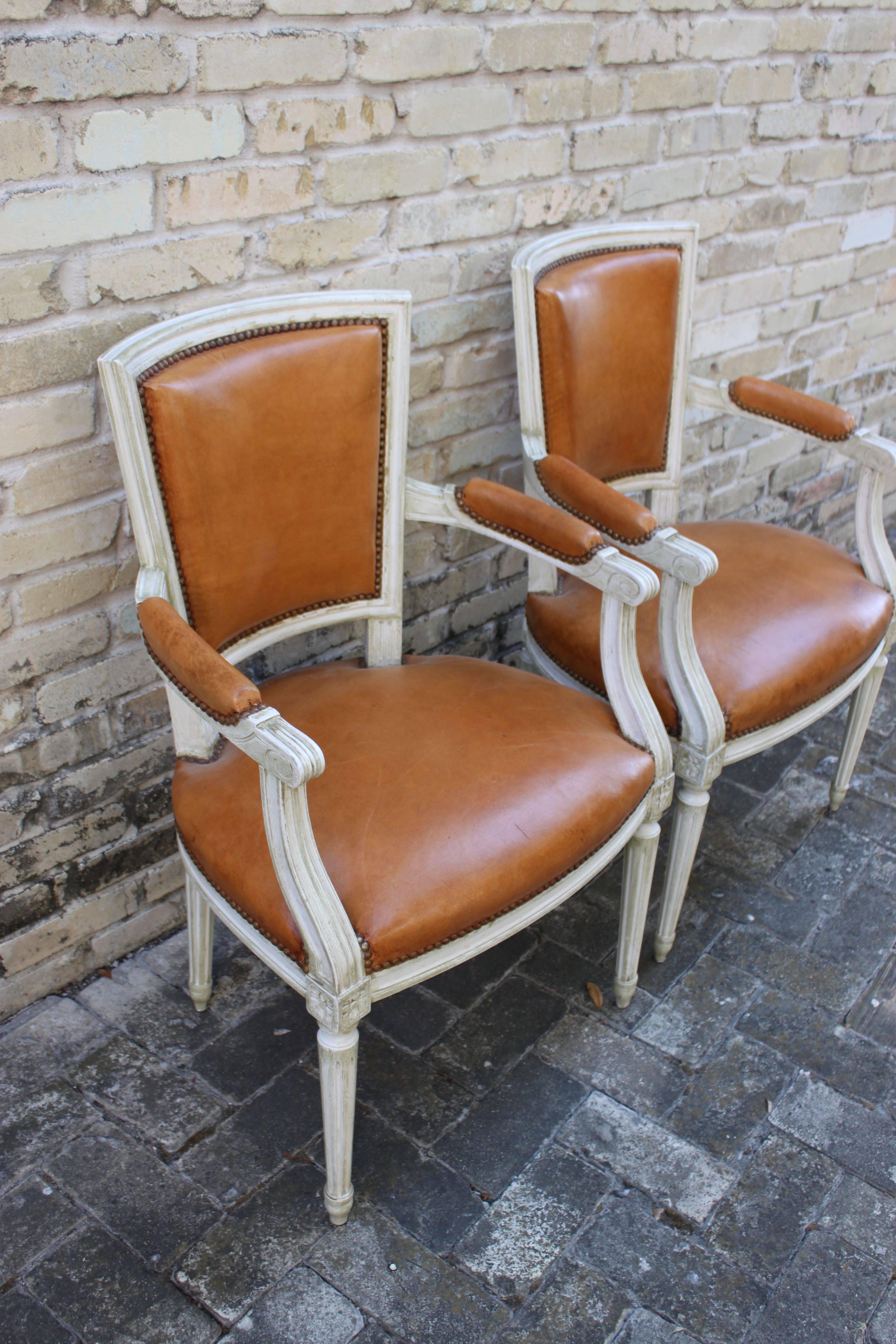 Pair of Armchairs or Fauteuils with Leather Upholstery in Louis XVI Style For Sale 1