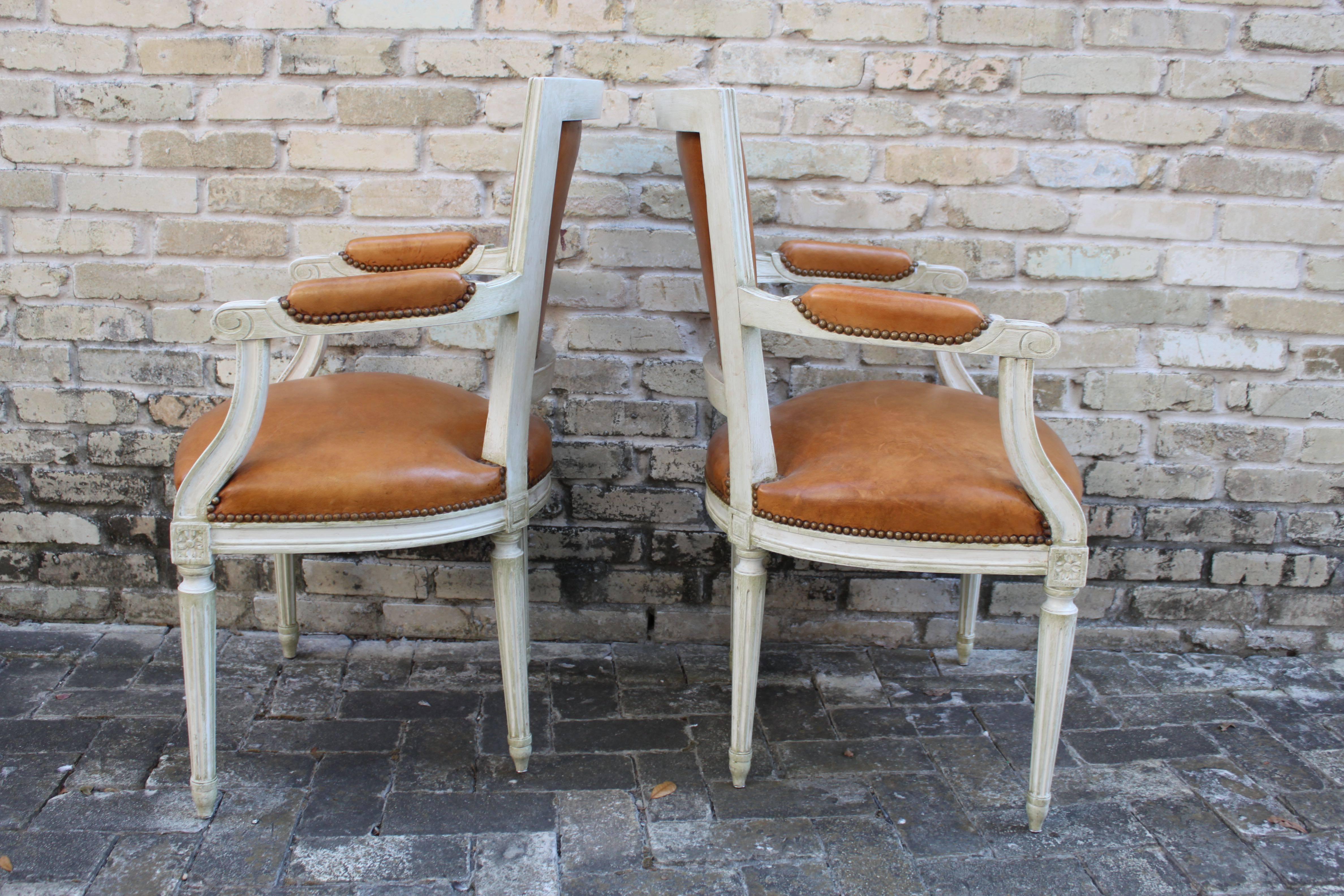 Pair of Armchairs or Fauteuils with Leather Upholstery in Louis XVI Style In Fair Condition For Sale In San Antonio, TX