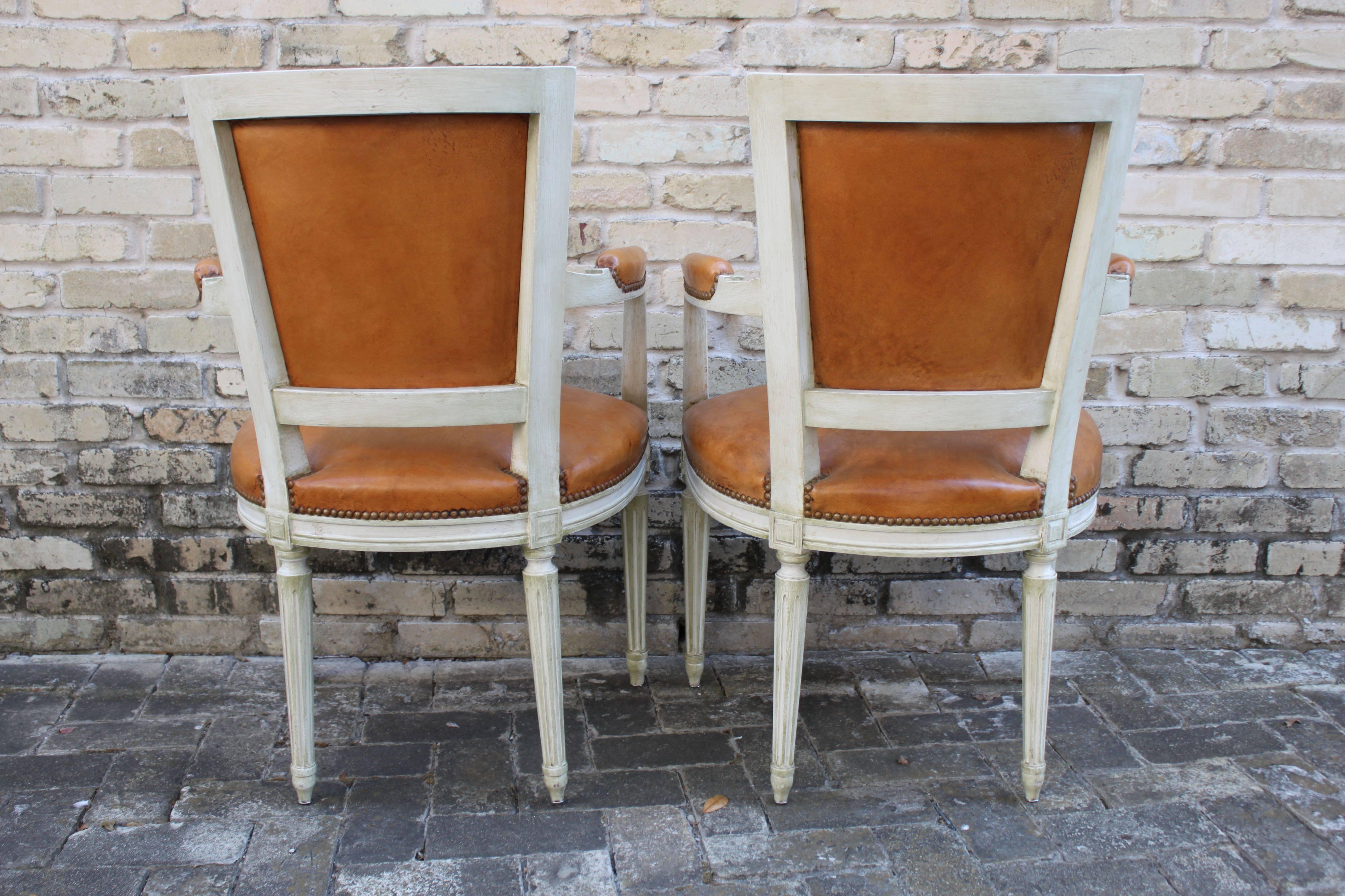 Painted Pair of Armchairs or Fauteuils with Leather Upholstery in Louis XVI Style For Sale
