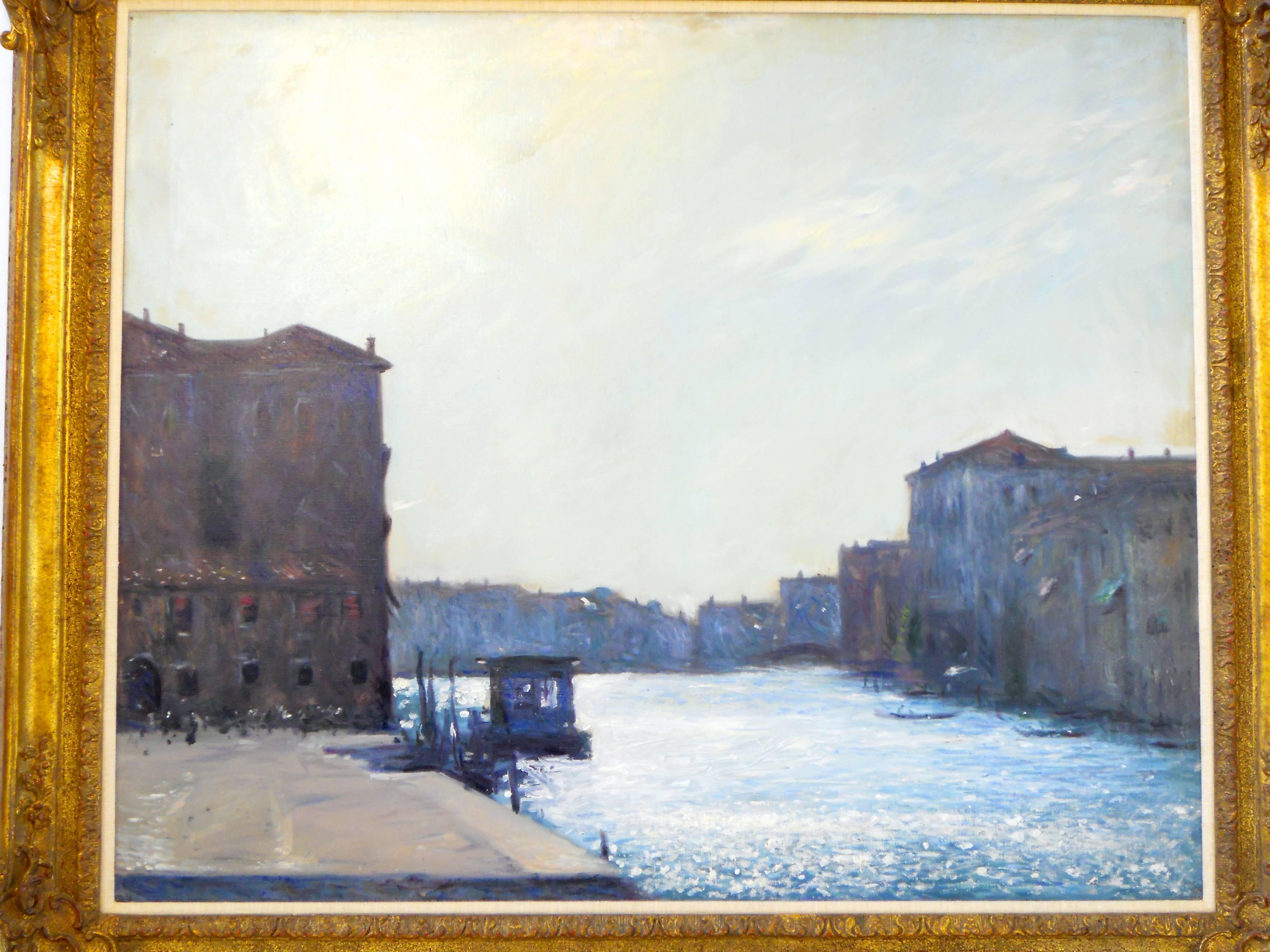 Giltwood Original Oil Painting of an Italian Canal Scene For Sale
