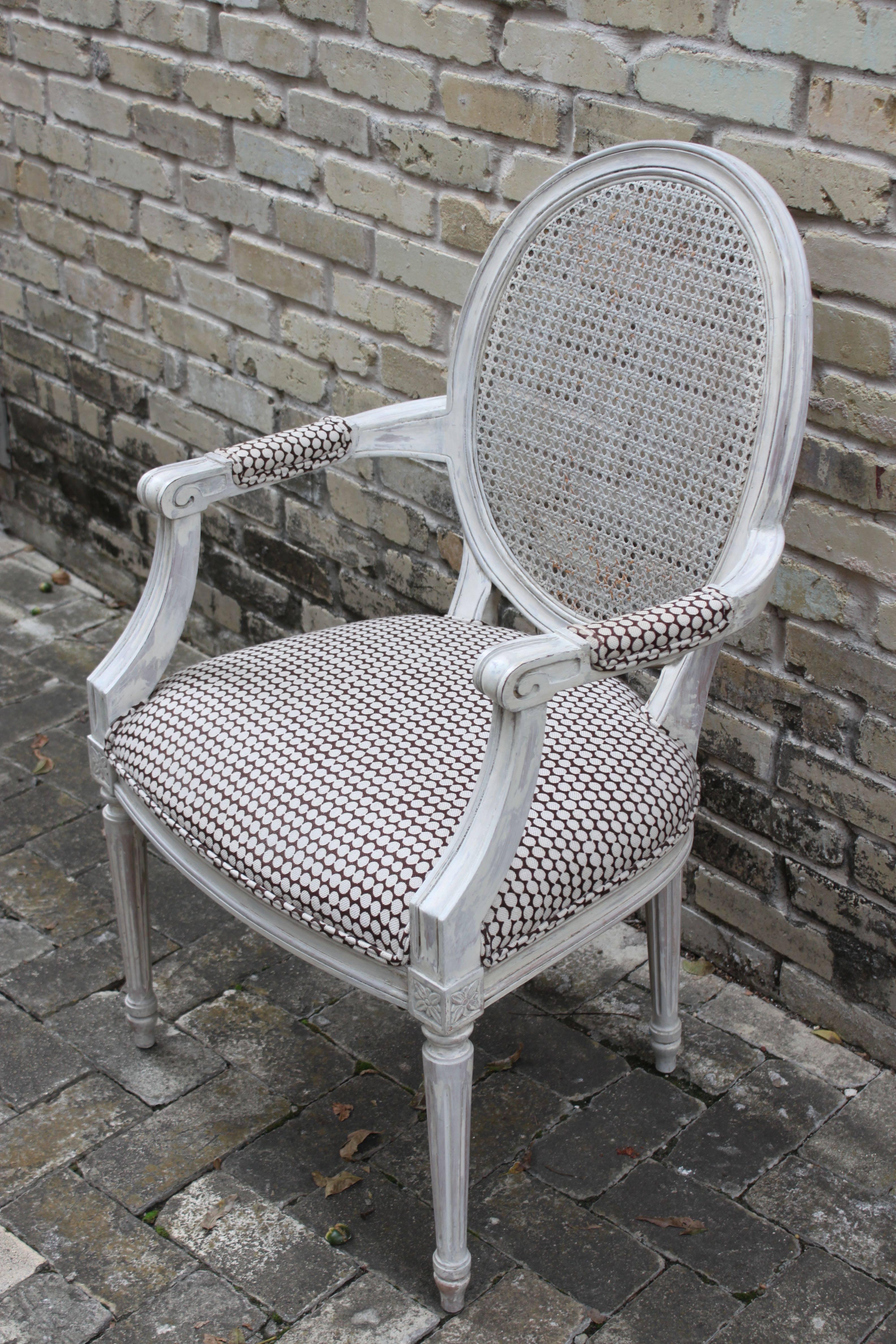 Louis XVI style white painted caned back armchair or fauteuil, France, 1940s. Matching chair also available.