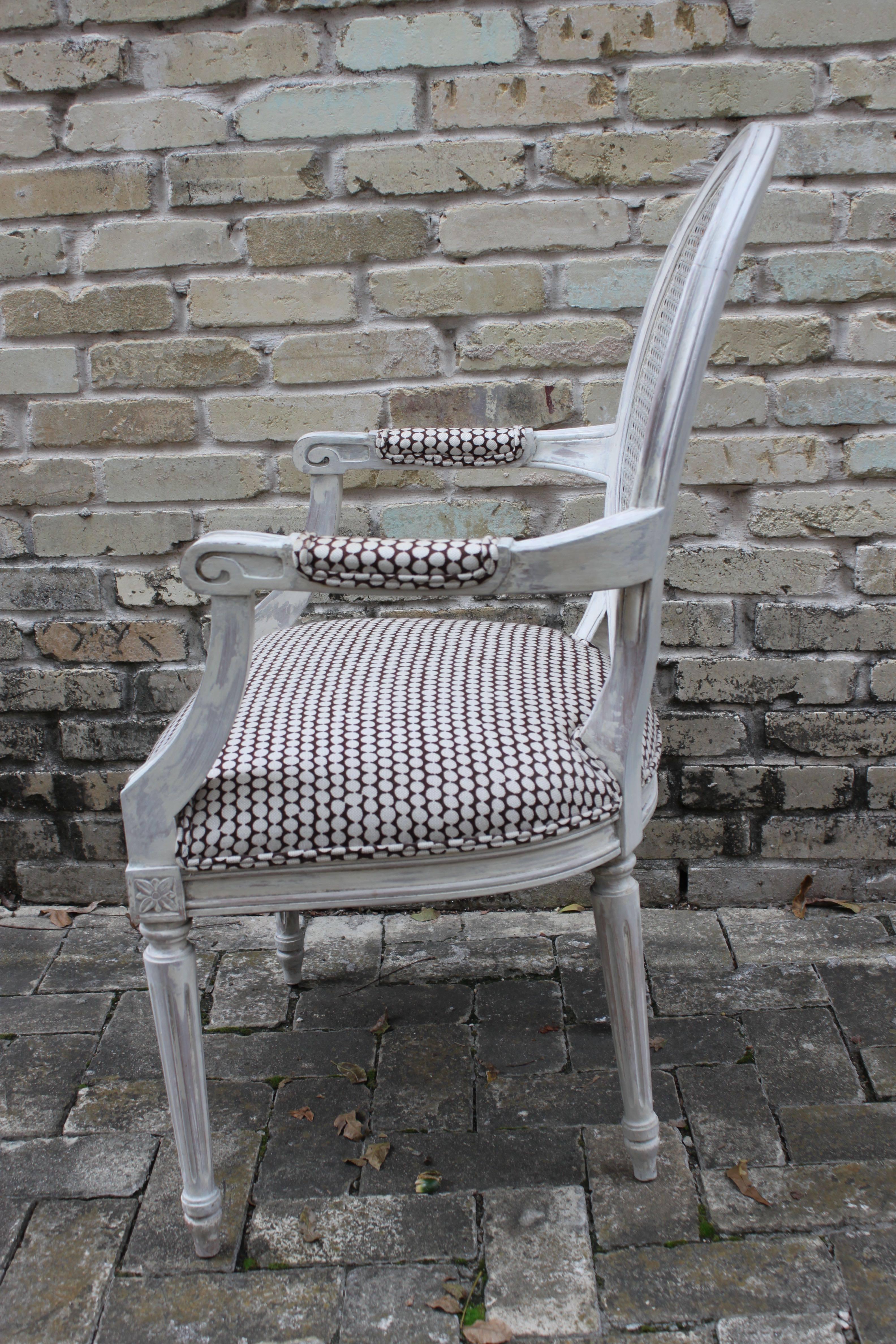 French Louis XVI Style Painted Caned Back Armchair Fauteuil, France, Early 20th Century