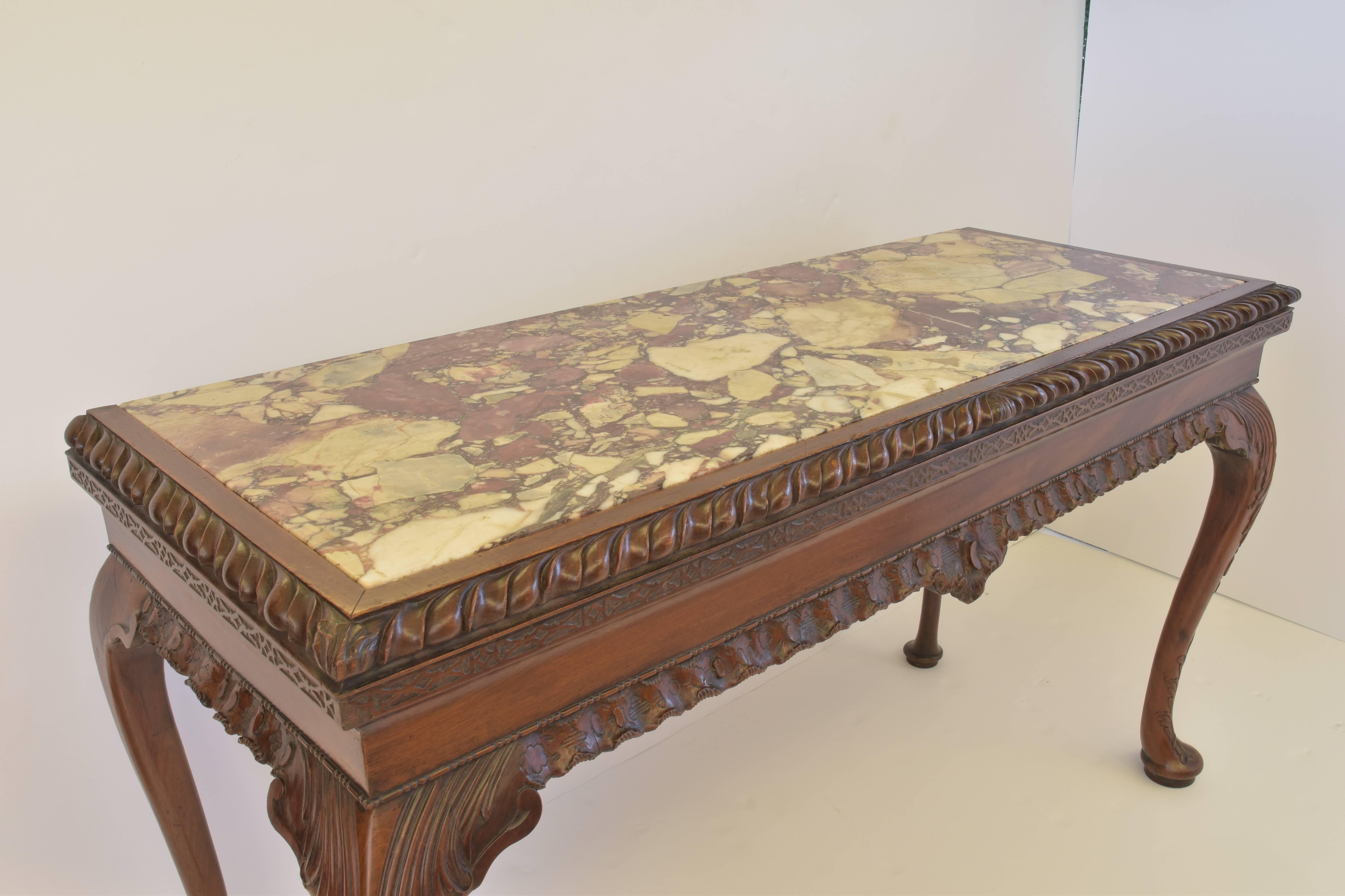 European George I Carved Mahogany Breche Violette Marble Top Console Table, 19th Century