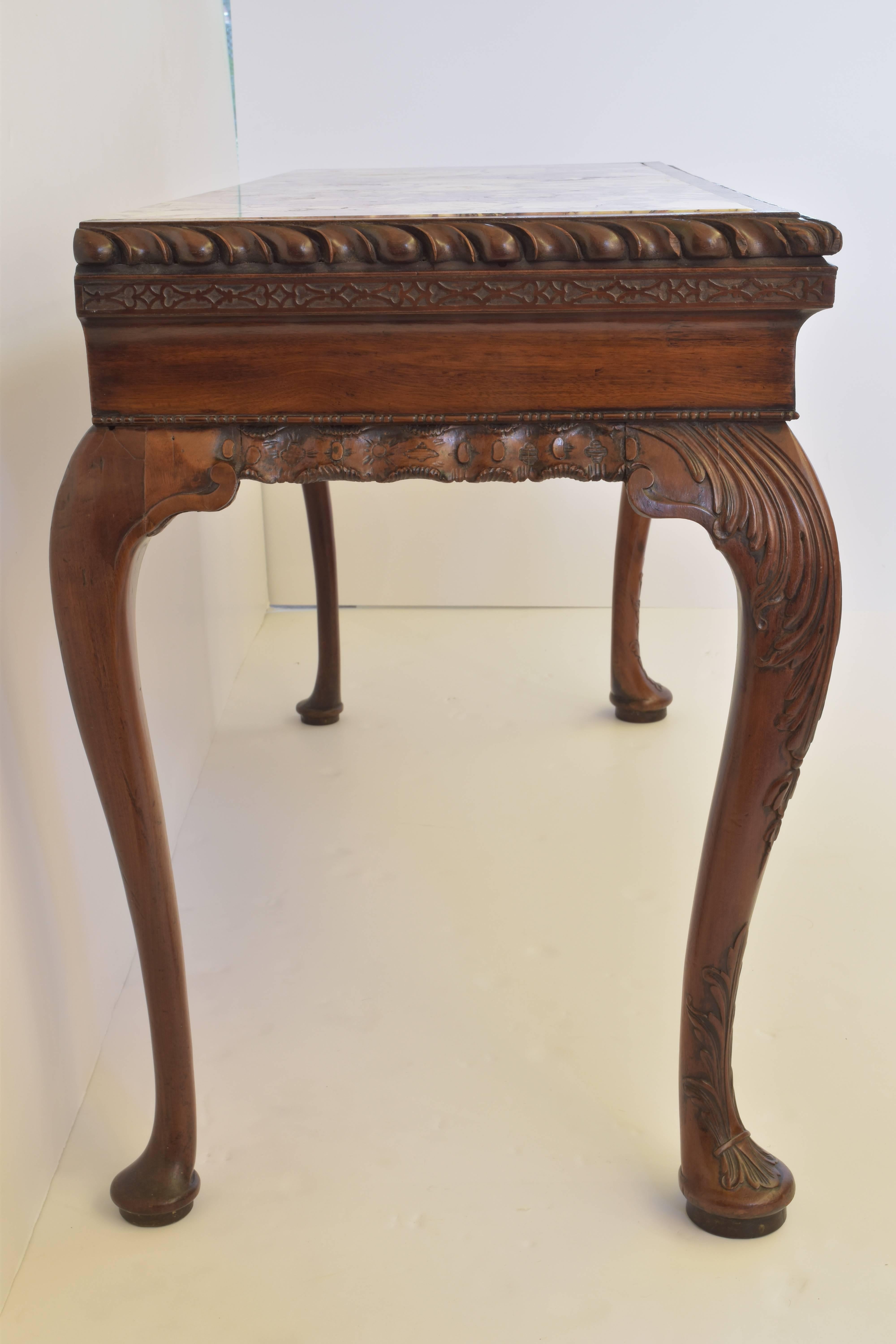 Hand-Carved George I Carved Mahogany Breche Violette Marble Top Console Table, 19th Century