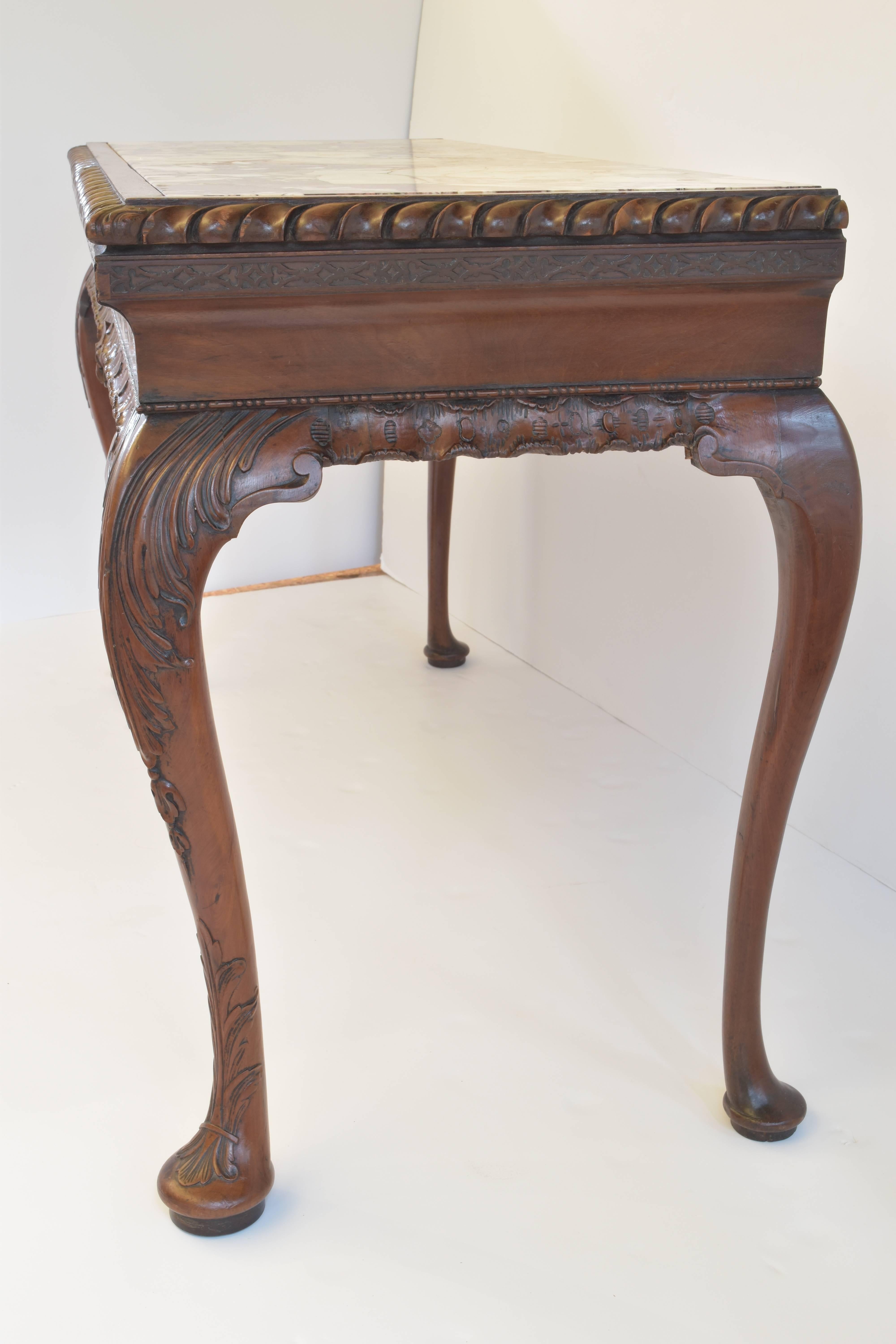 George I Carved Mahogany Breche Violette Marble Top Console Table, 19th Century 1