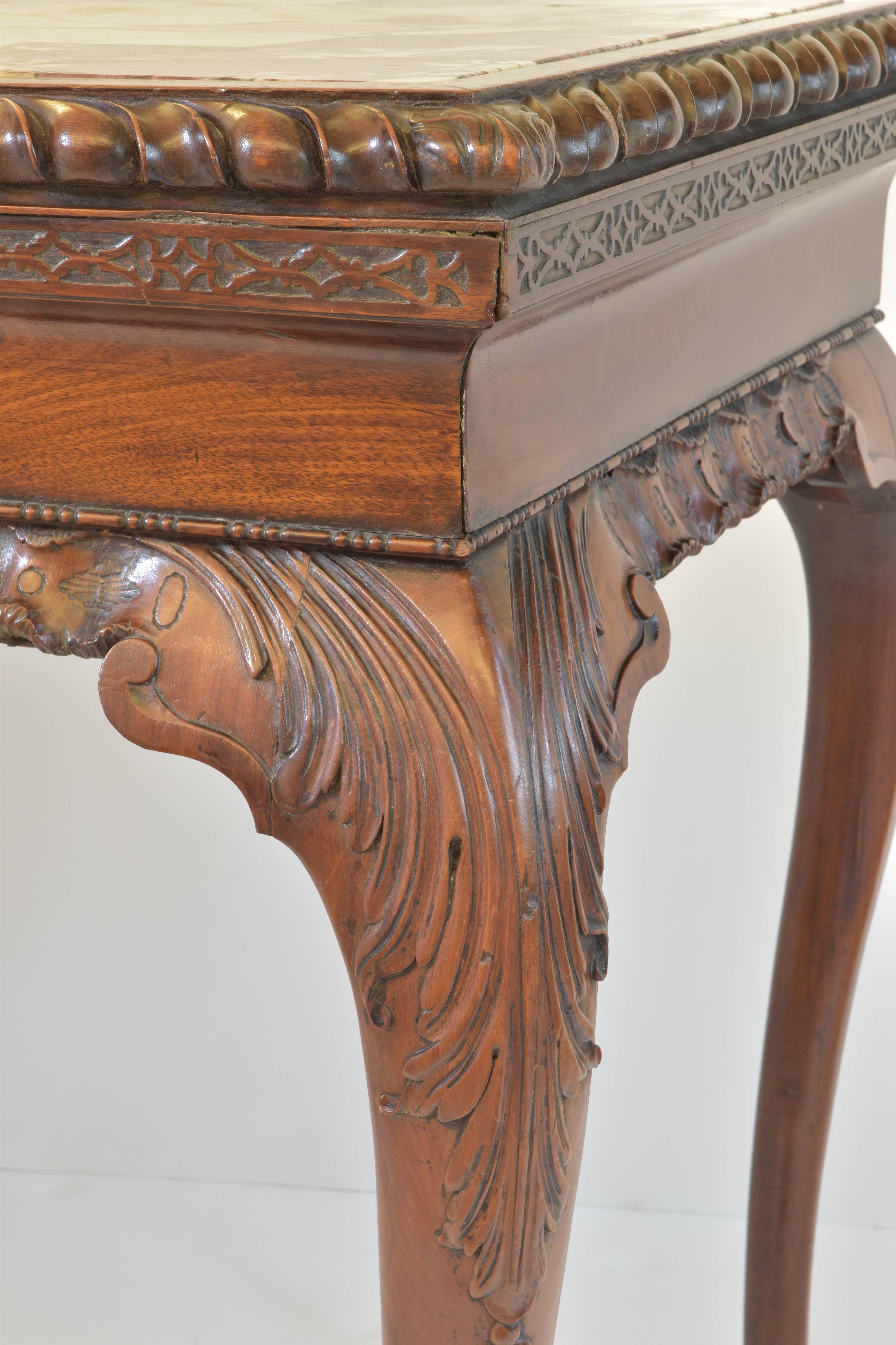 George I Carved Mahogany Breche Violette Marble Top Console Table, 19th Century 3