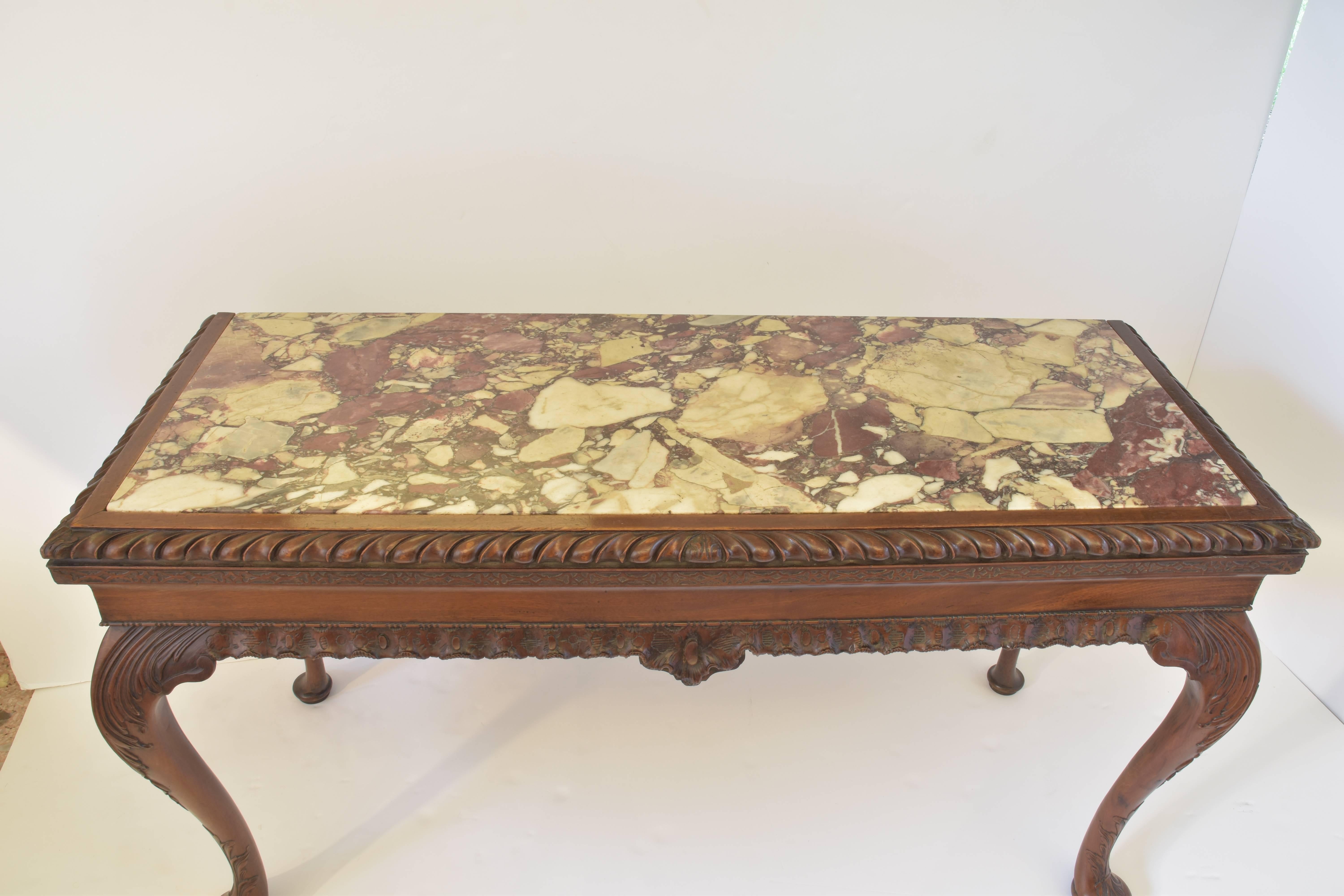 George I Carved Mahogany Breche Violette Marble Top Console Table, 19th Century 4