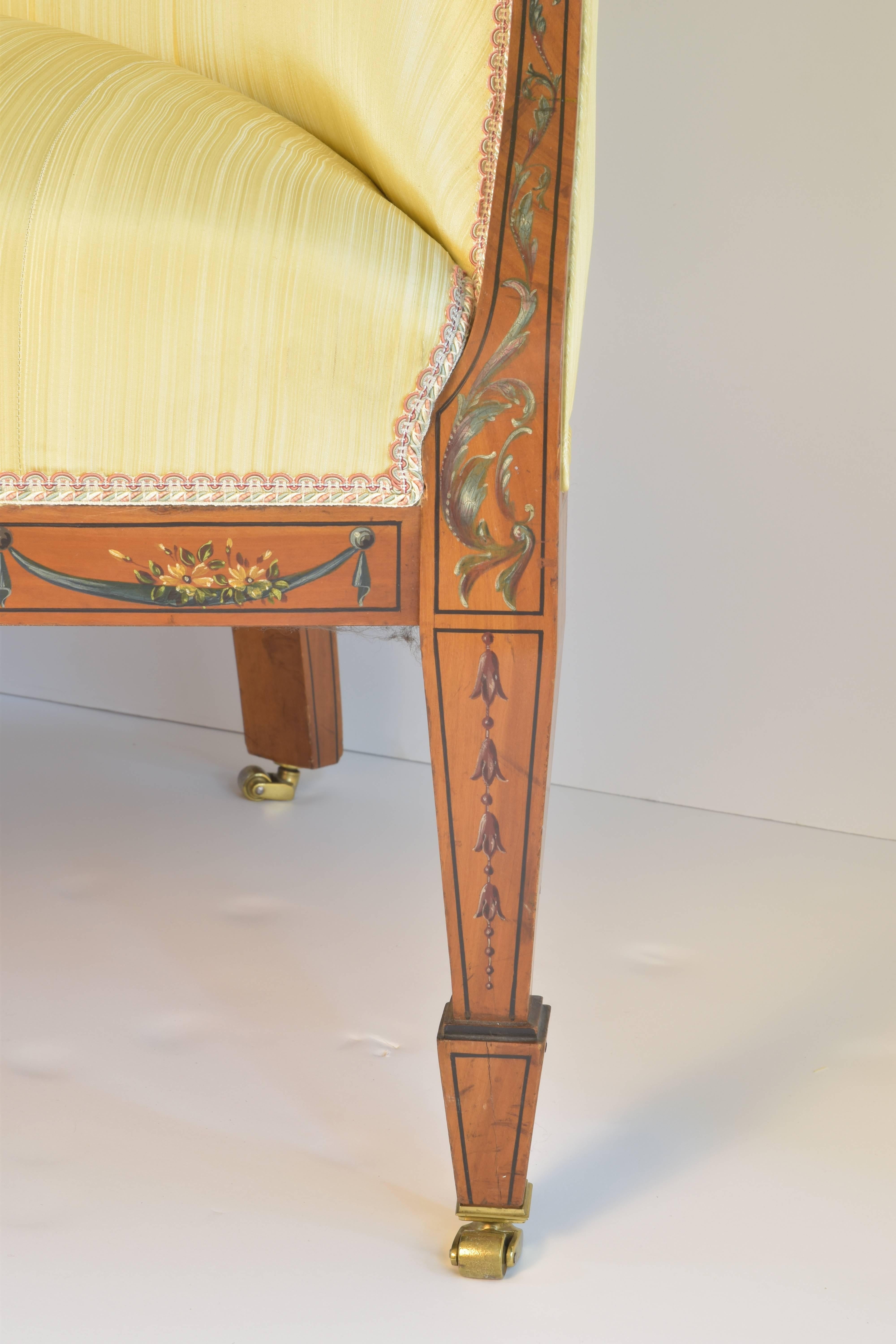 Hand-Painted English Sheraton Settee with Painted Neoclassical Figural Detail, circa 1870