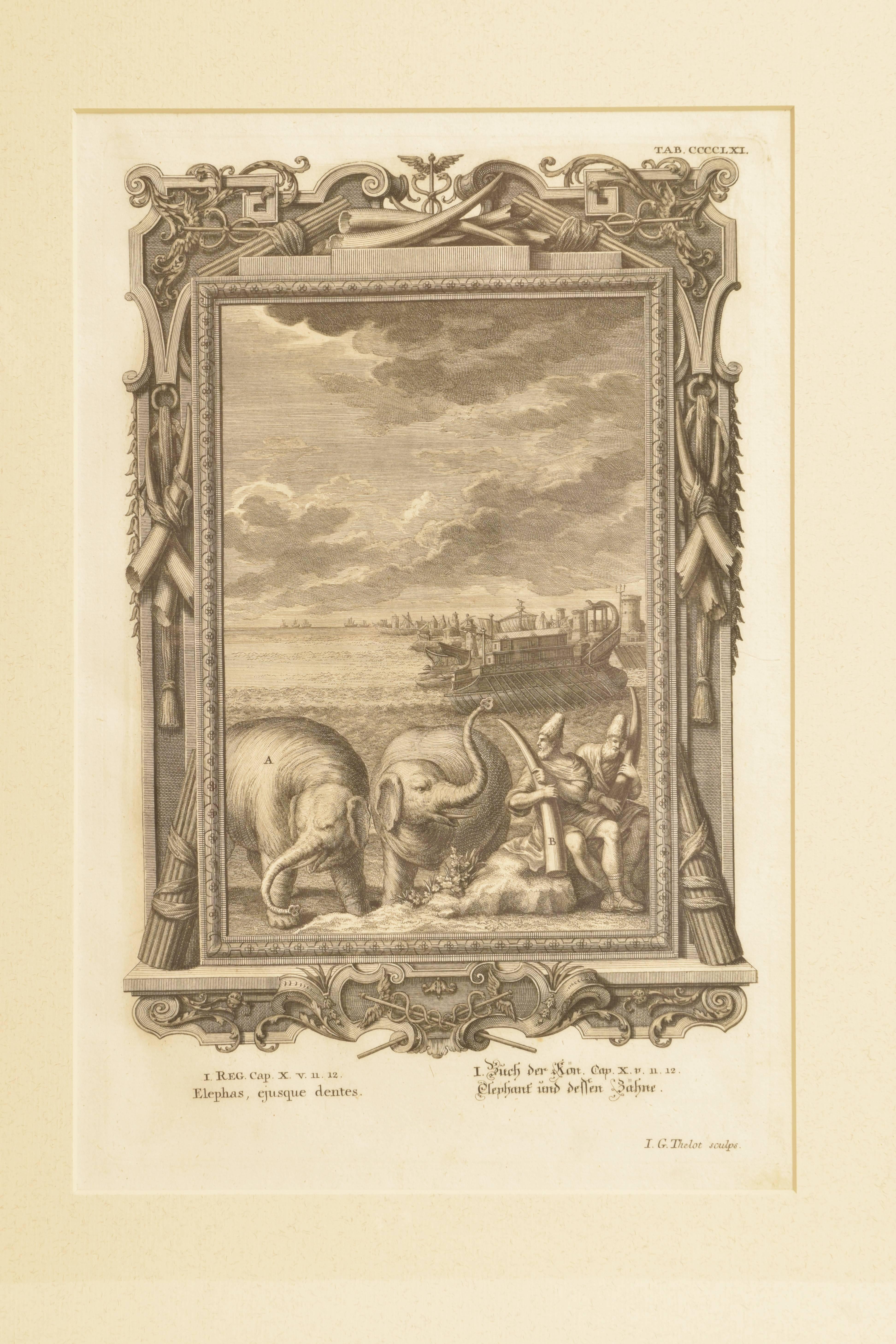 An antique copper plate engraving of a pair of elephants and a nautical scene.