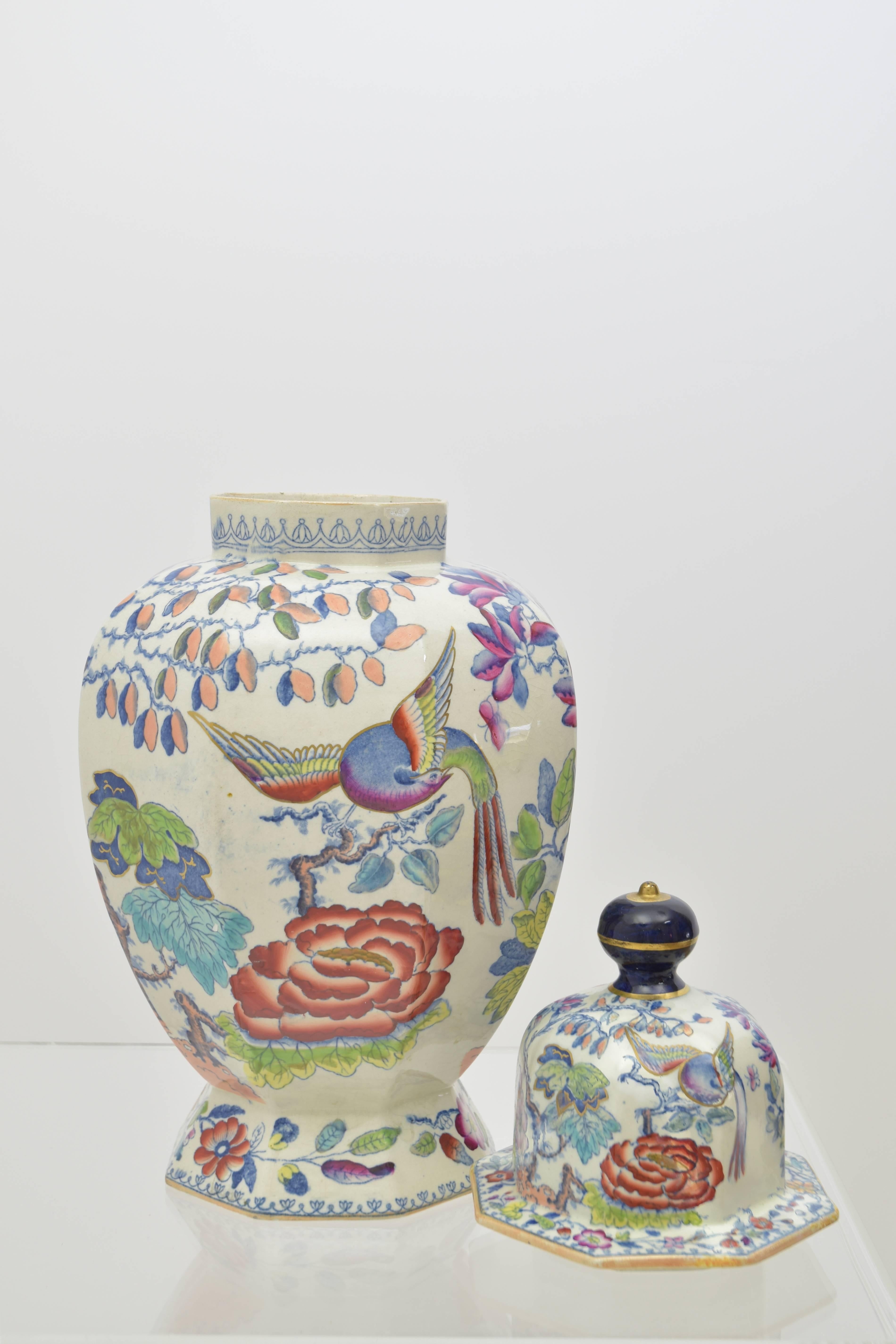 Mason's ironstone lidded jar or vase with bird and floral decoration.