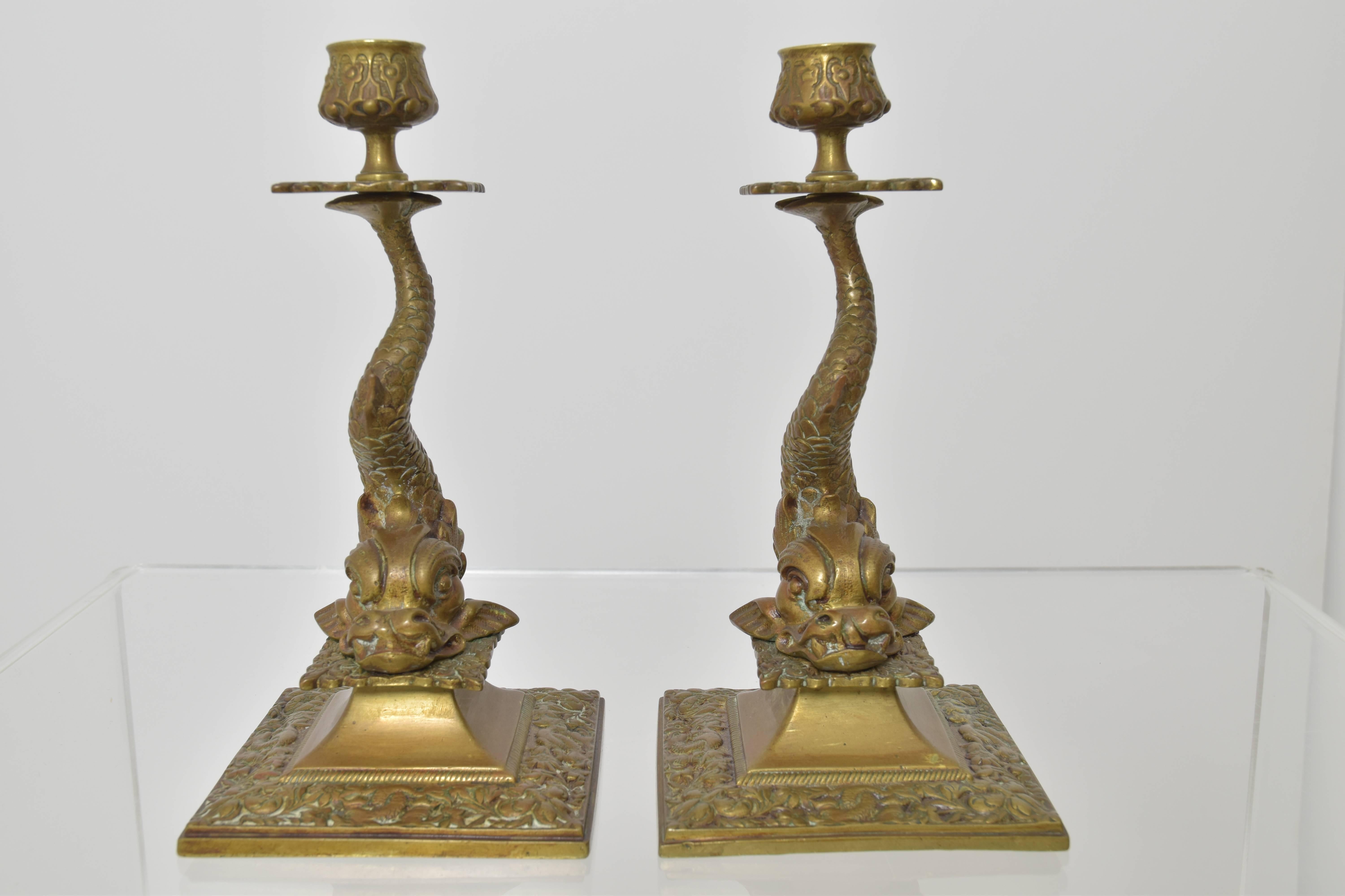 20th Century Pair of Bronze Dolphin Candlesticks