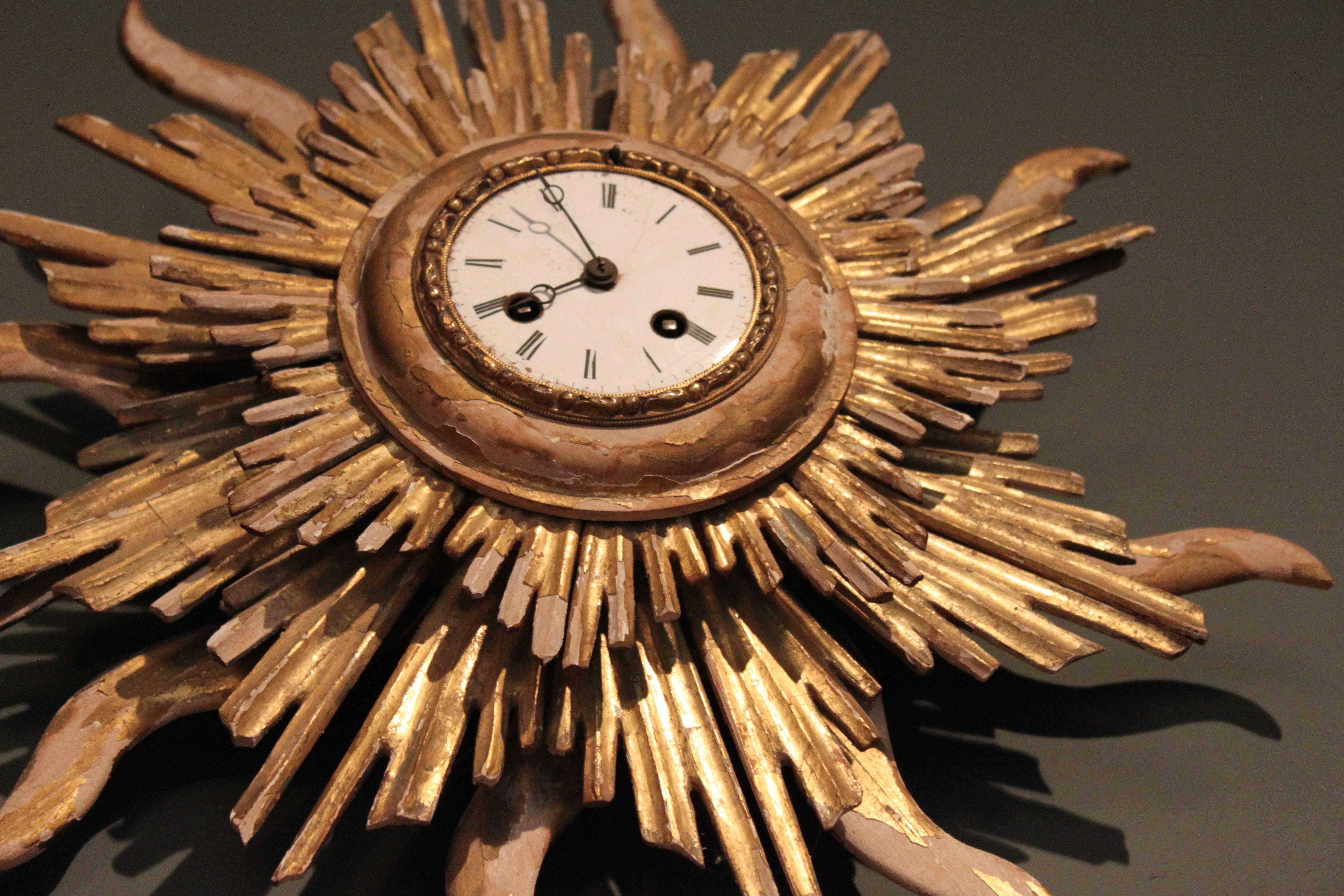 Louis XVI Late 18th or Early 19th Century Giltwood French Sunburst Clock For Sale