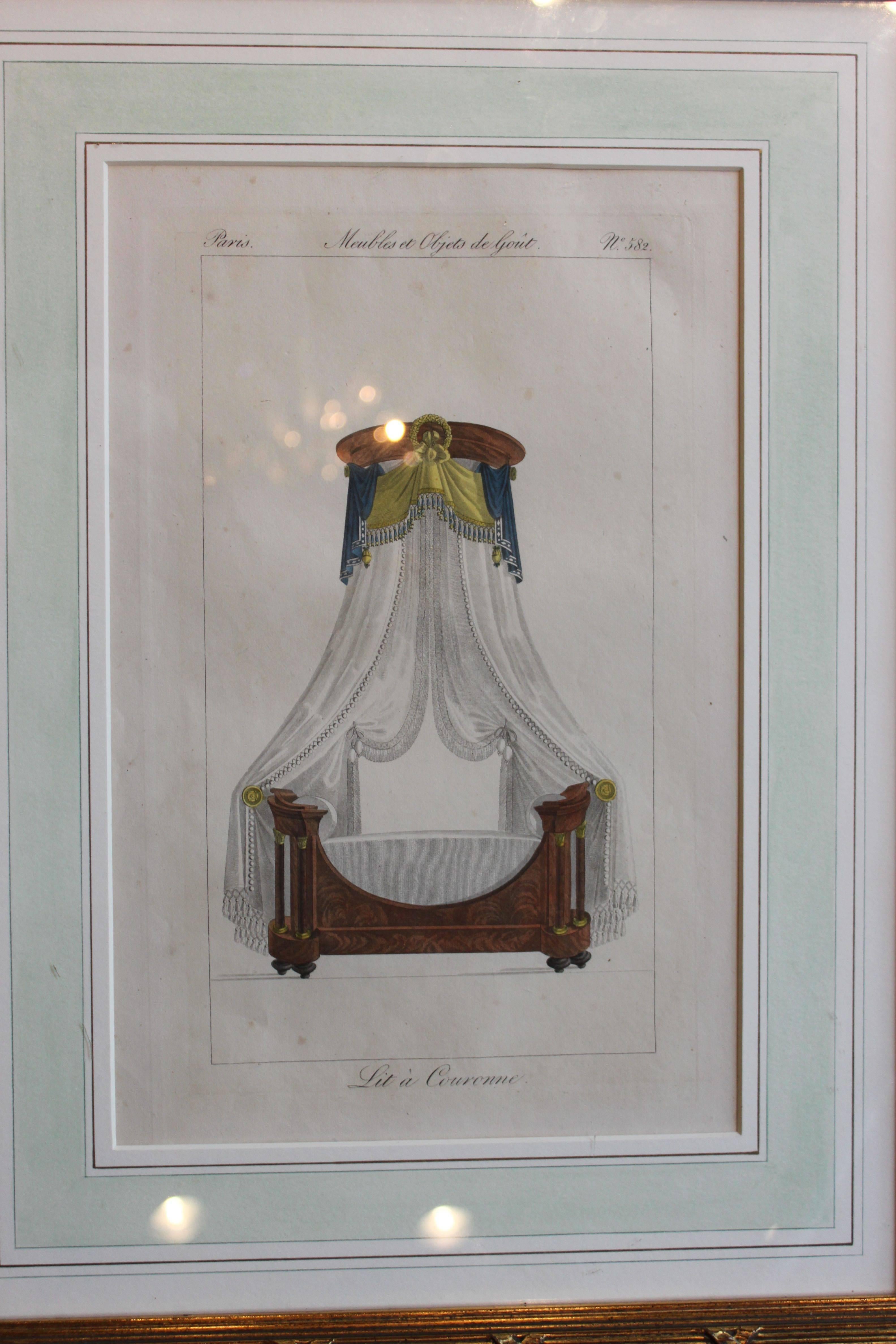Set of Six French Framed Hand-Colored Engravings of Beds or Lits, circa 1818 In Good Condition For Sale In San Antonio, TX