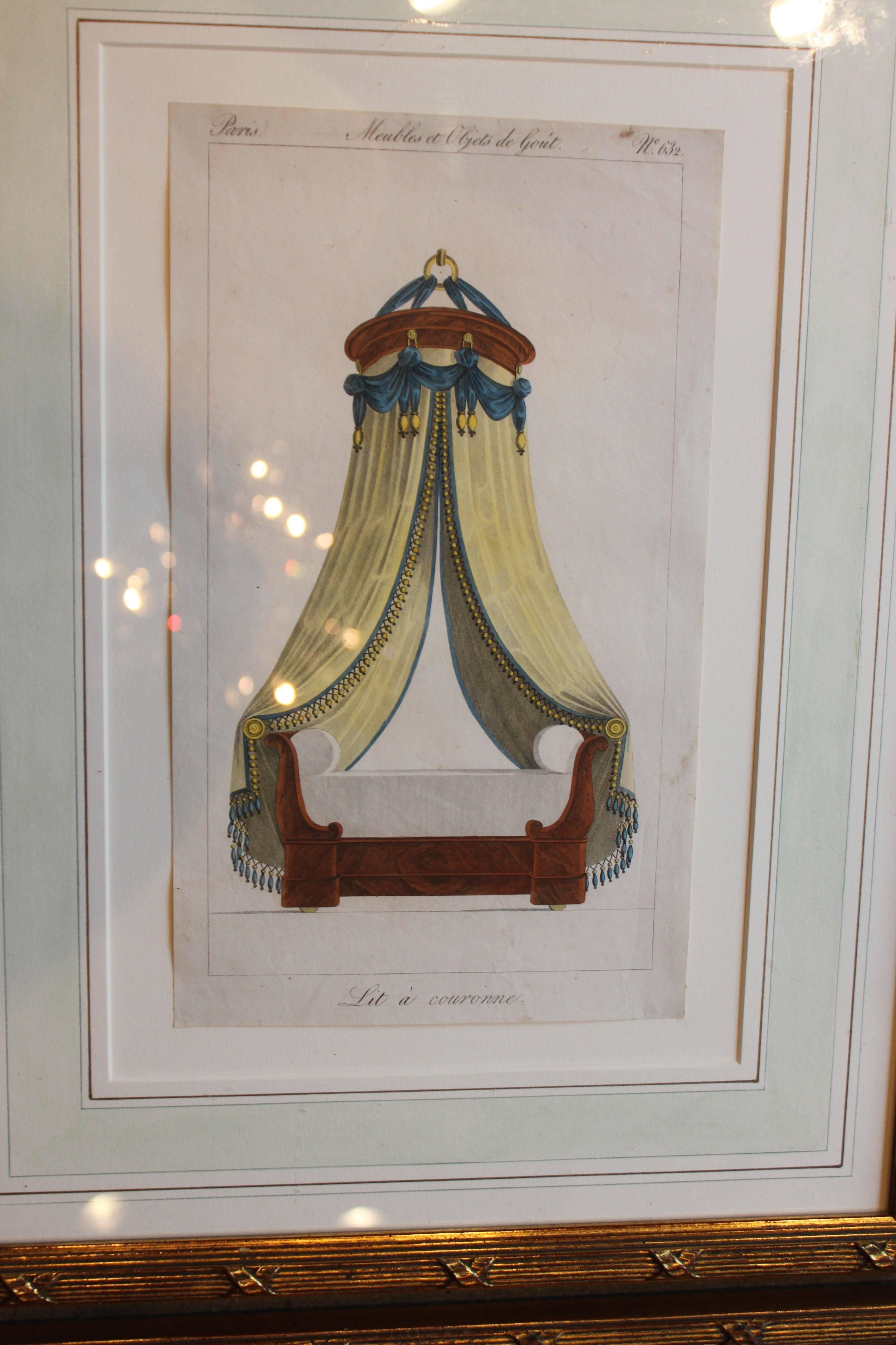 Napoleon III Set of Six French Framed Hand-Colored Engravings of Beds or Lits, circa 1818 For Sale