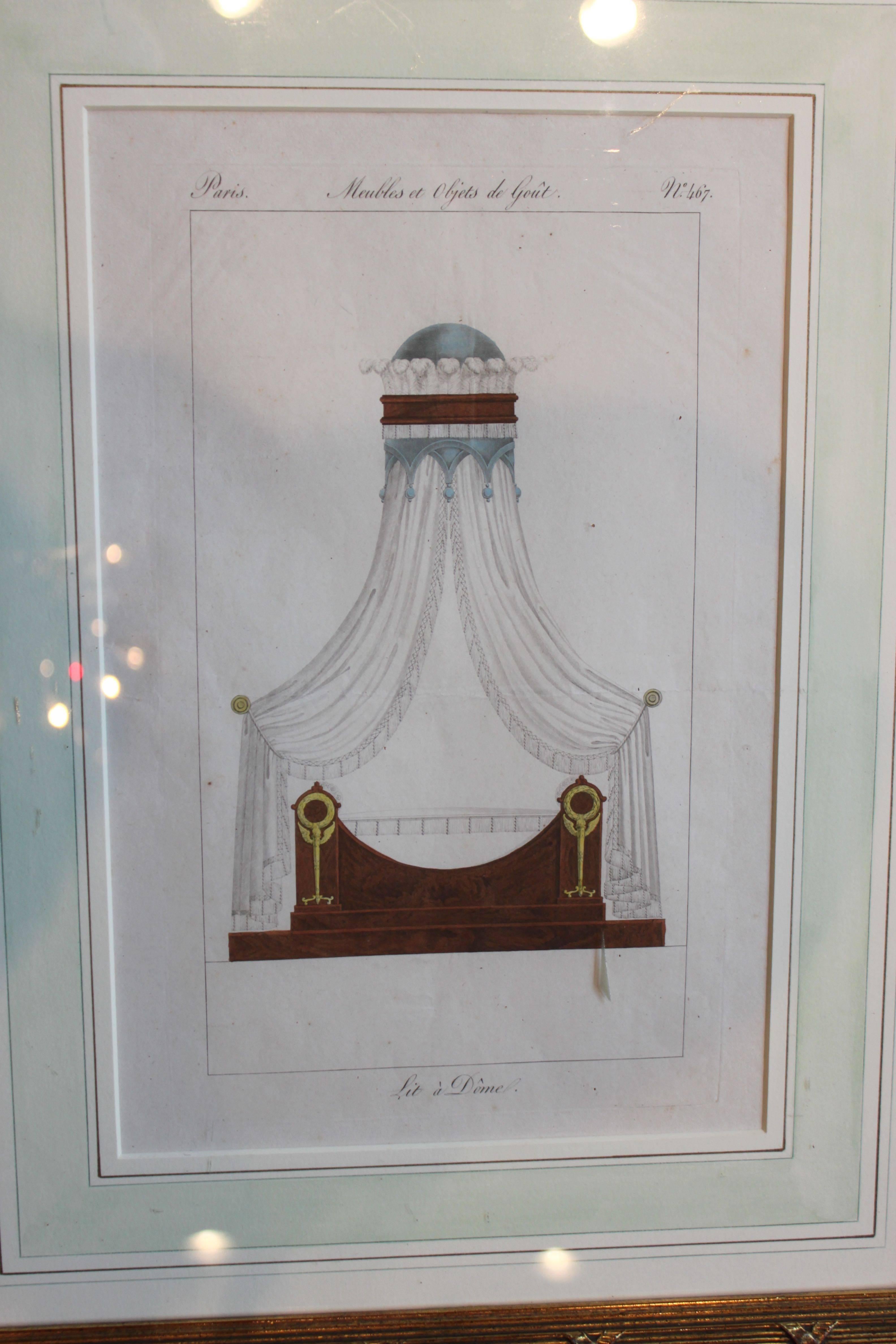 Set of Six French Framed Hand-Colored Engravings of Beds or Lits, circa 1818 For Sale 1