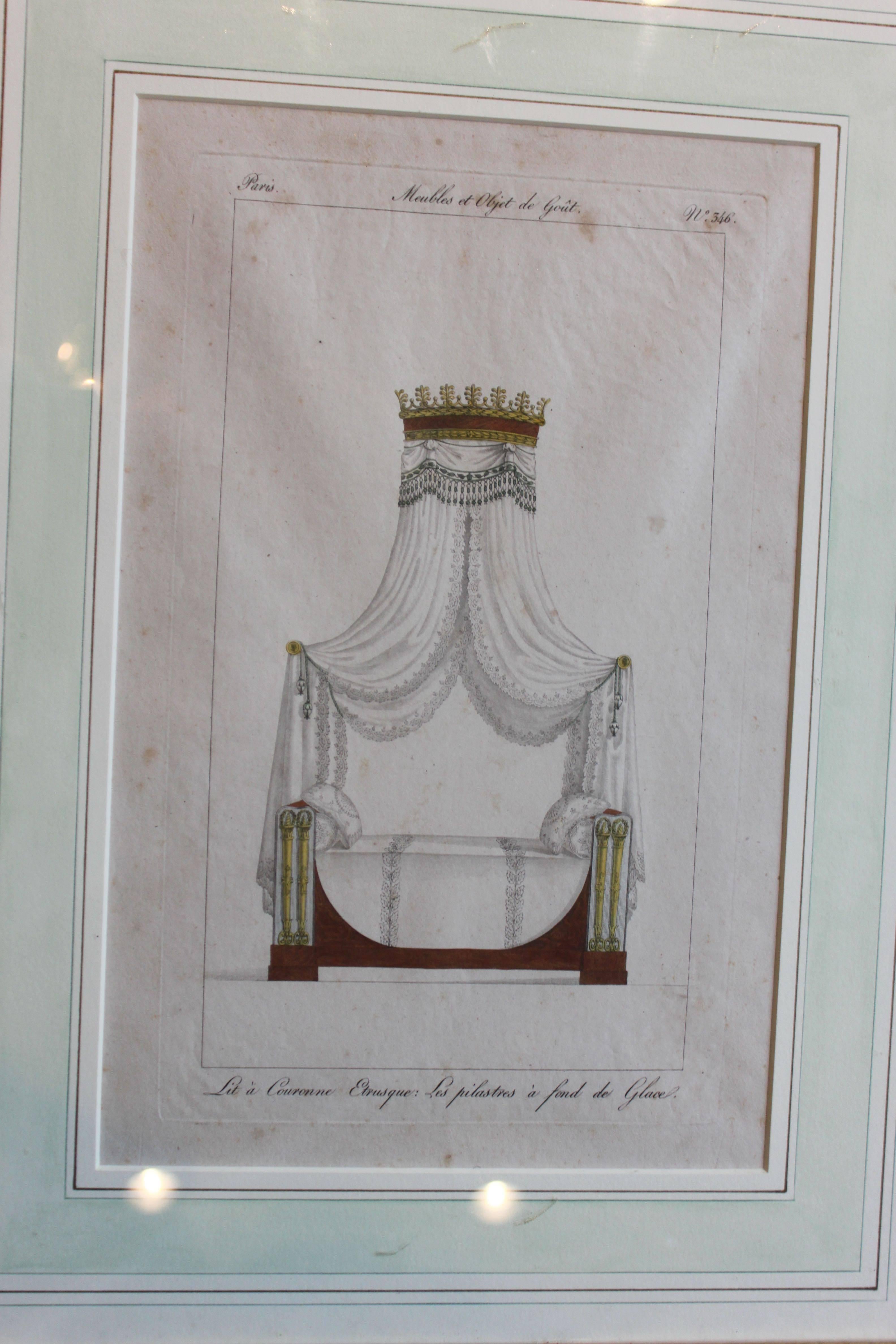 Paper Set of Six French Framed Hand-Colored Engravings of Beds or Lits, circa 1818 For Sale