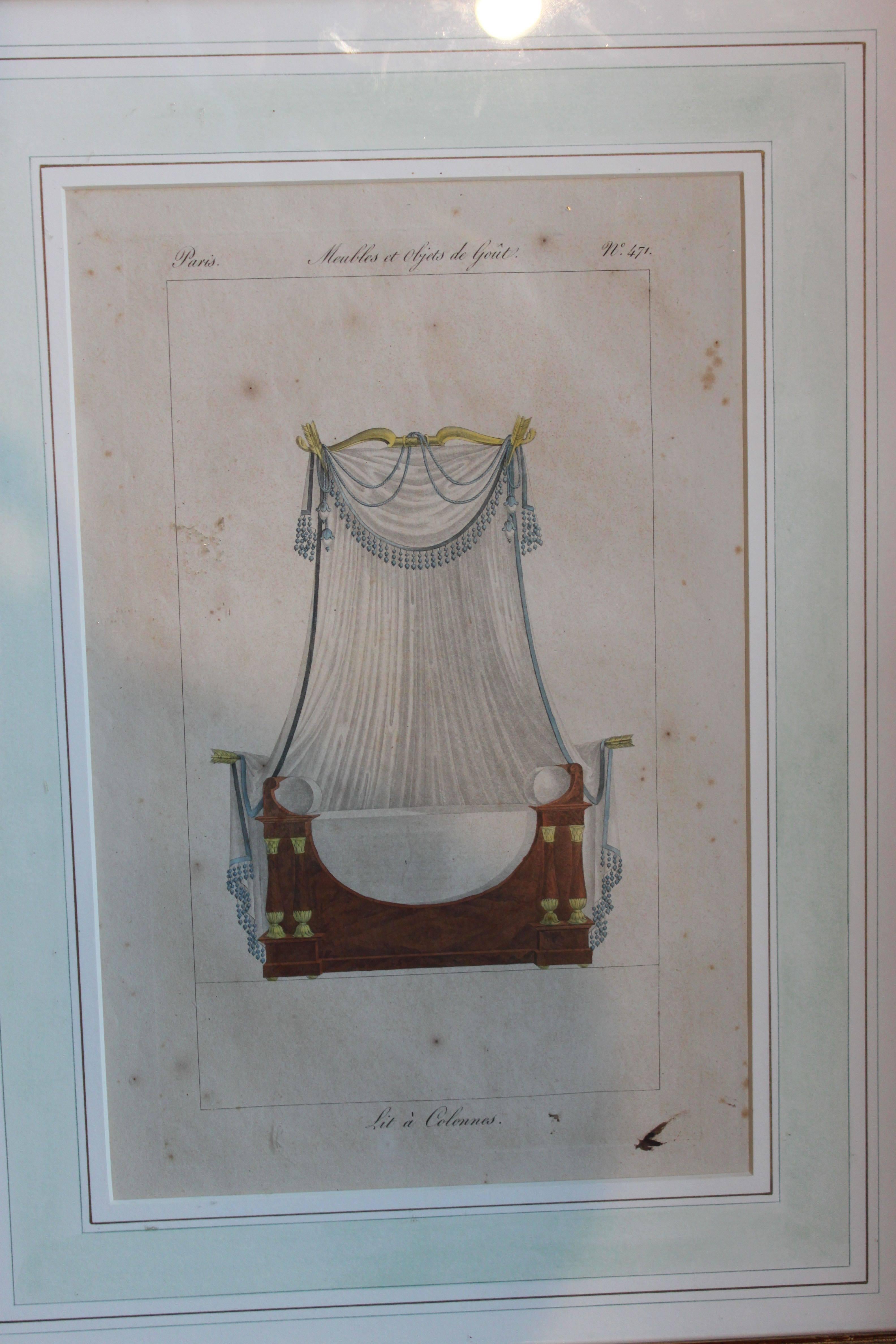 19th Century Set of Six French Framed Hand-Colored Engravings of Beds or Lits, circa 1818 For Sale