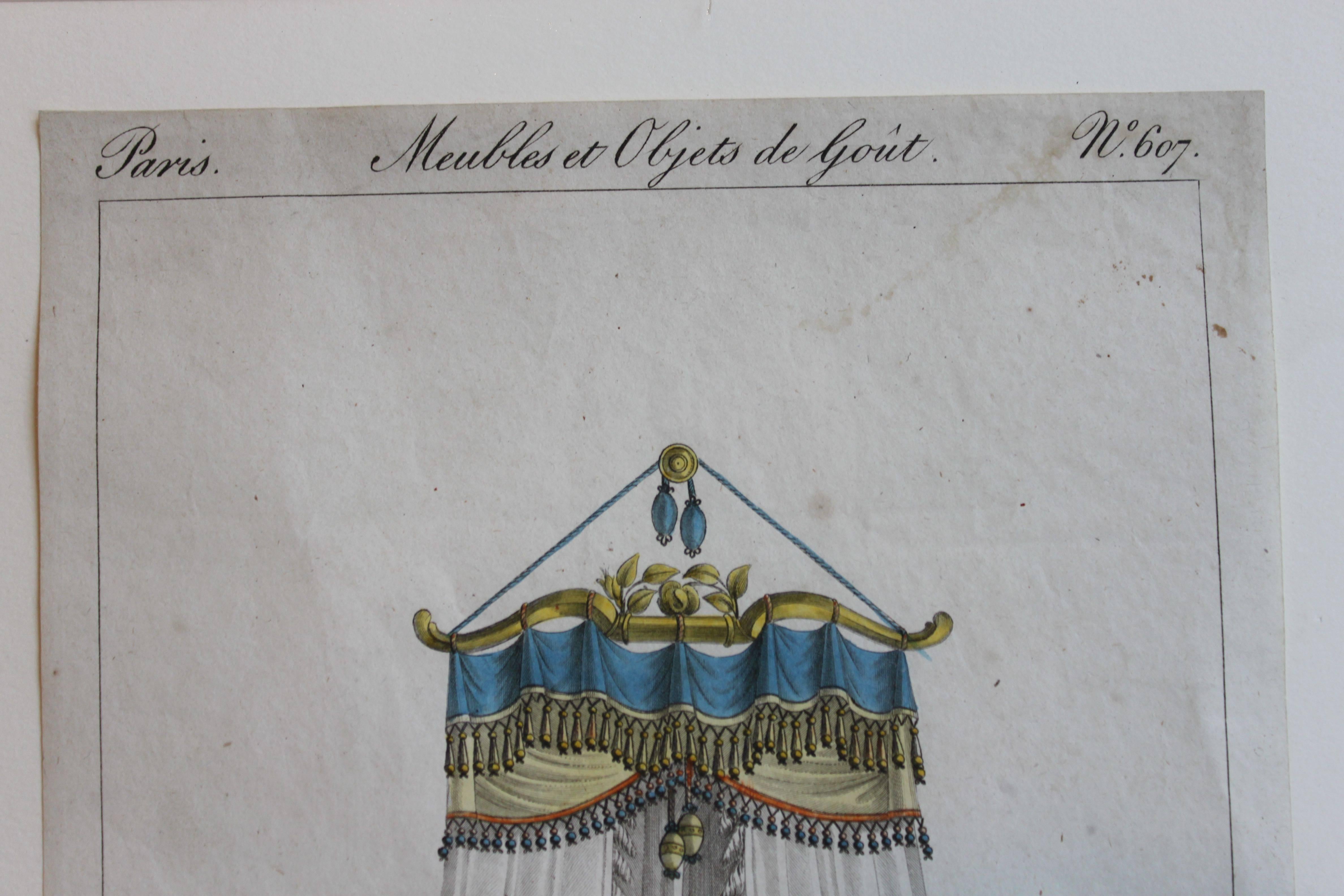 Set of Six French Framed Hand-Colored Engravings of Beds or Lits, circa 1818 For Sale 4