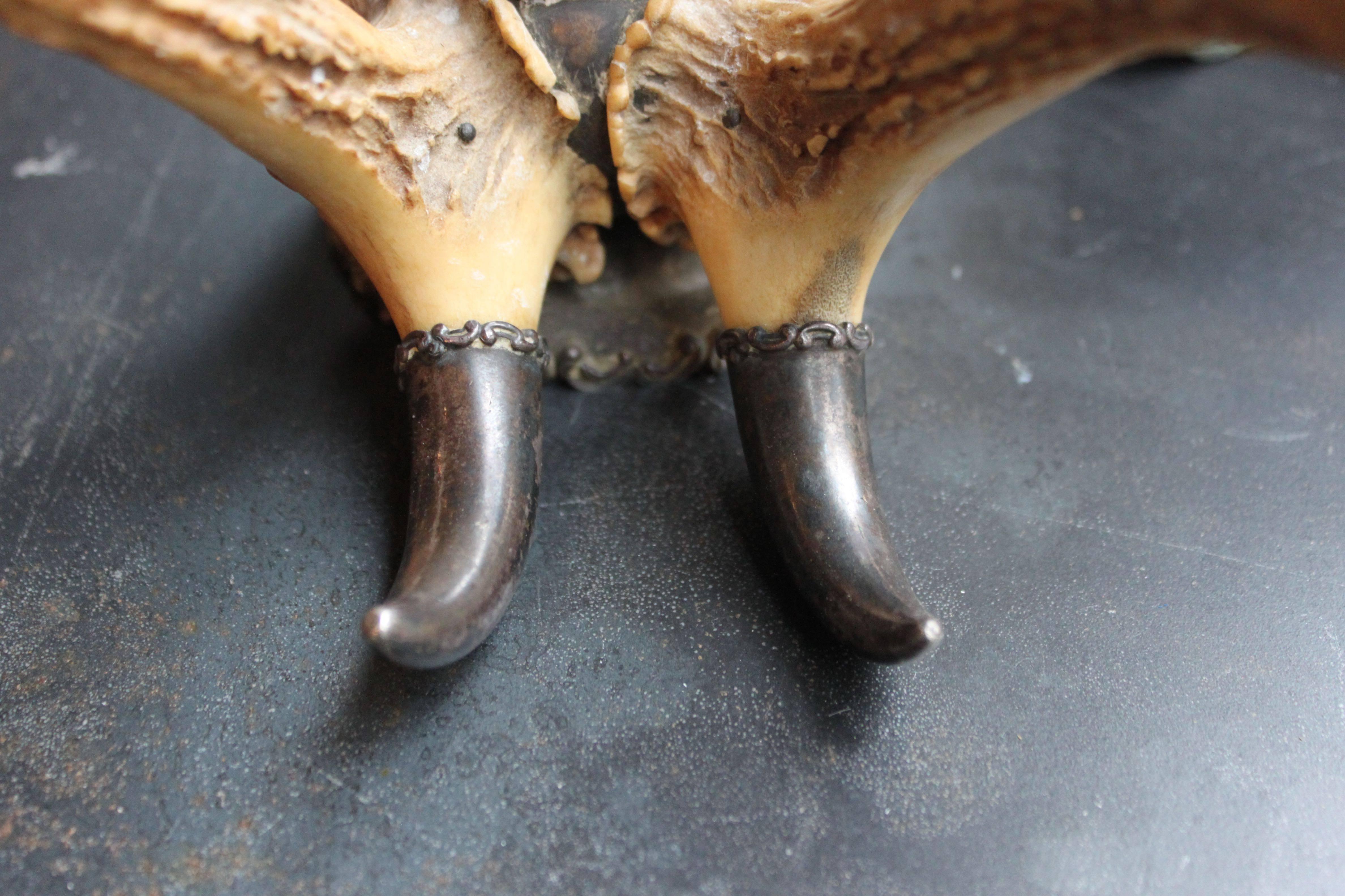 Theodore B. Starr Sterling and Roe Deer Antler Inkwell, Late 19th Century In Fair Condition In San Antonio, TX