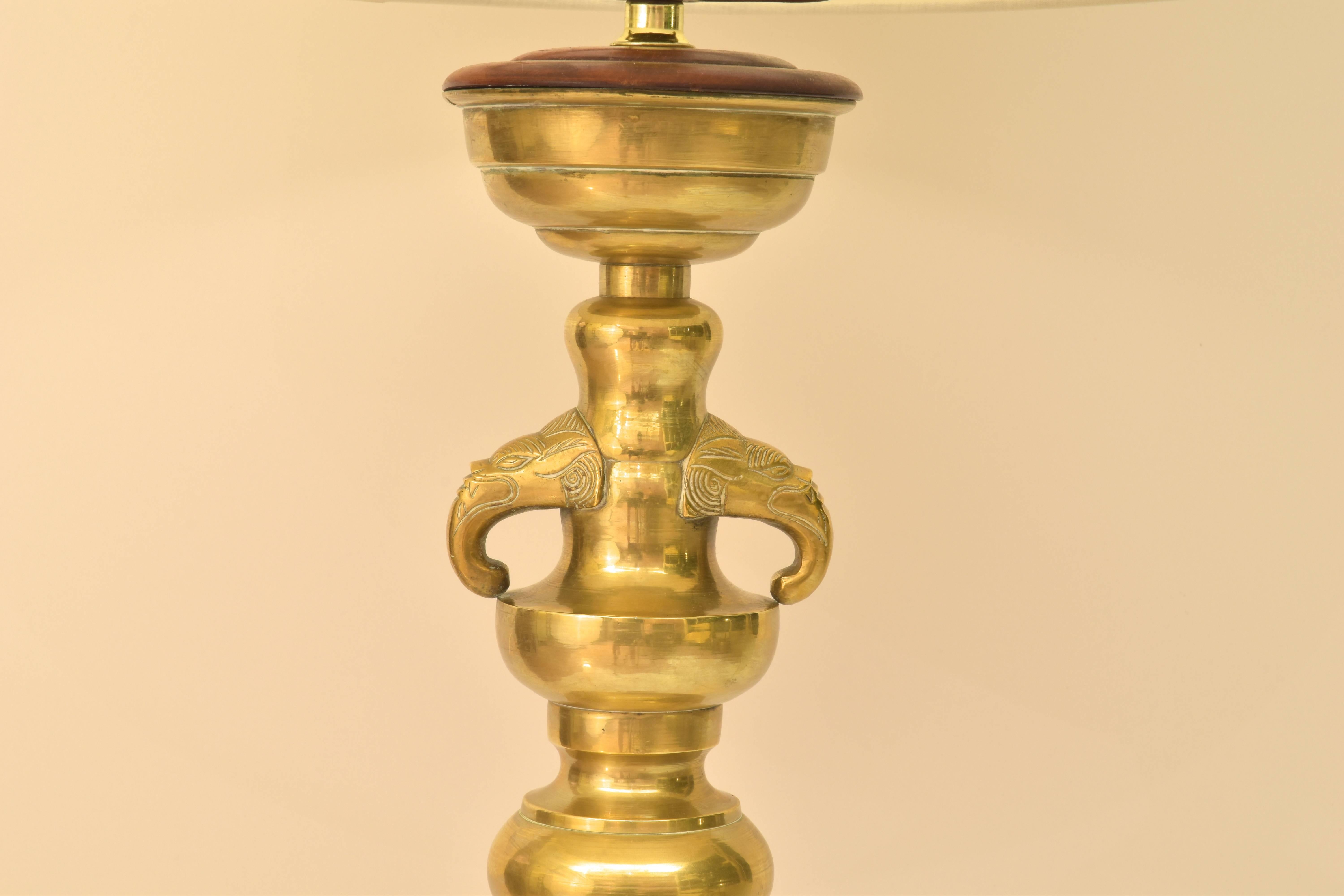 20th Century Pair of Brass Lamps with Elephant Decoration