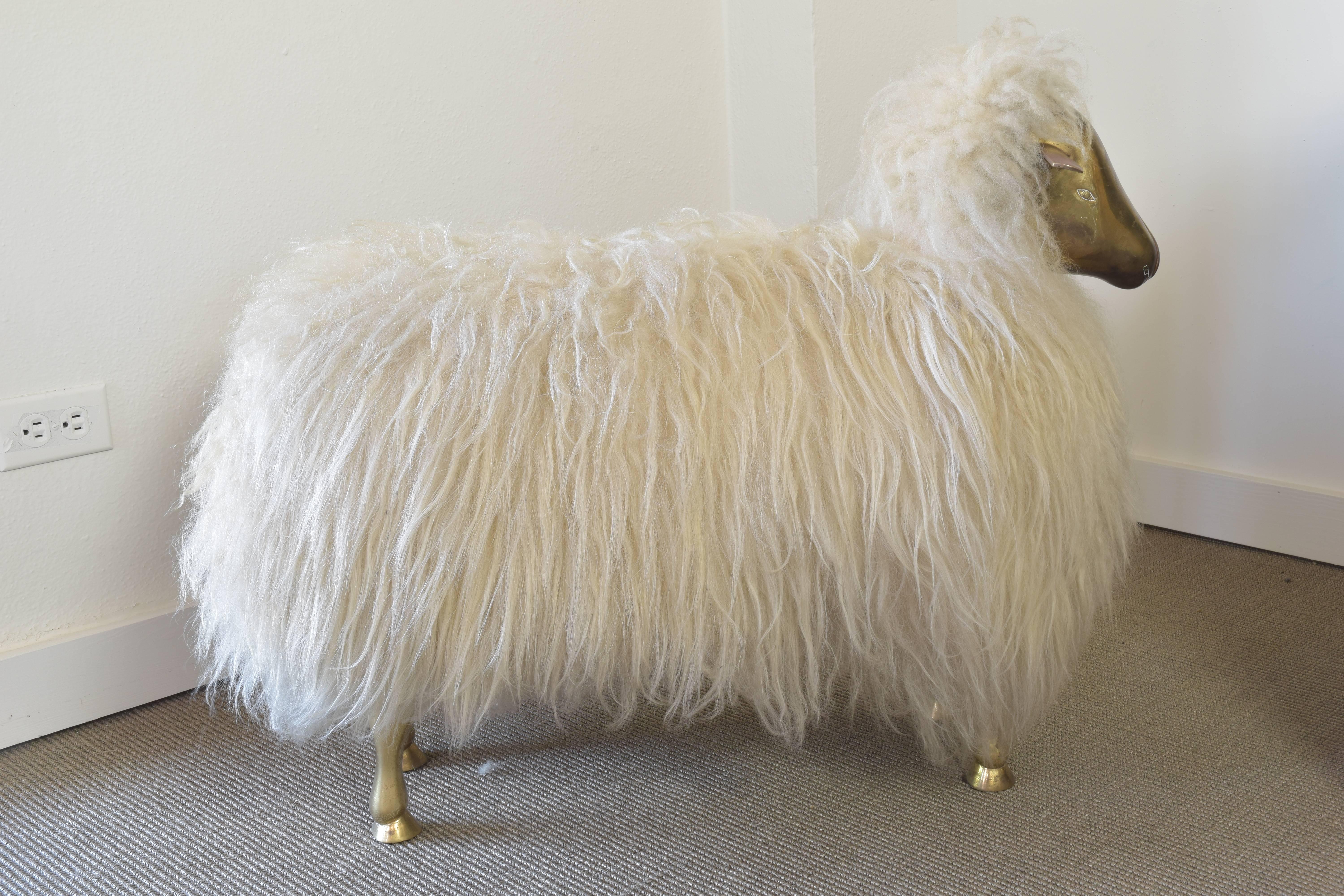 Brass Lamb Sculptural Ottoman Manner of Claude Lalanne In Excellent Condition In San Antonio, TX