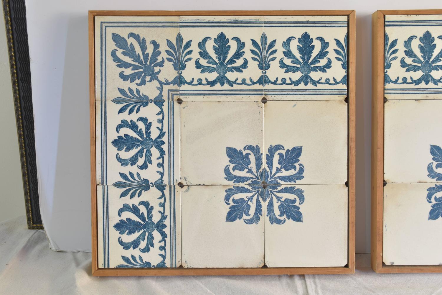 Antique Blue and White Portuguese Tiles Framed in Modern Wood Frames
