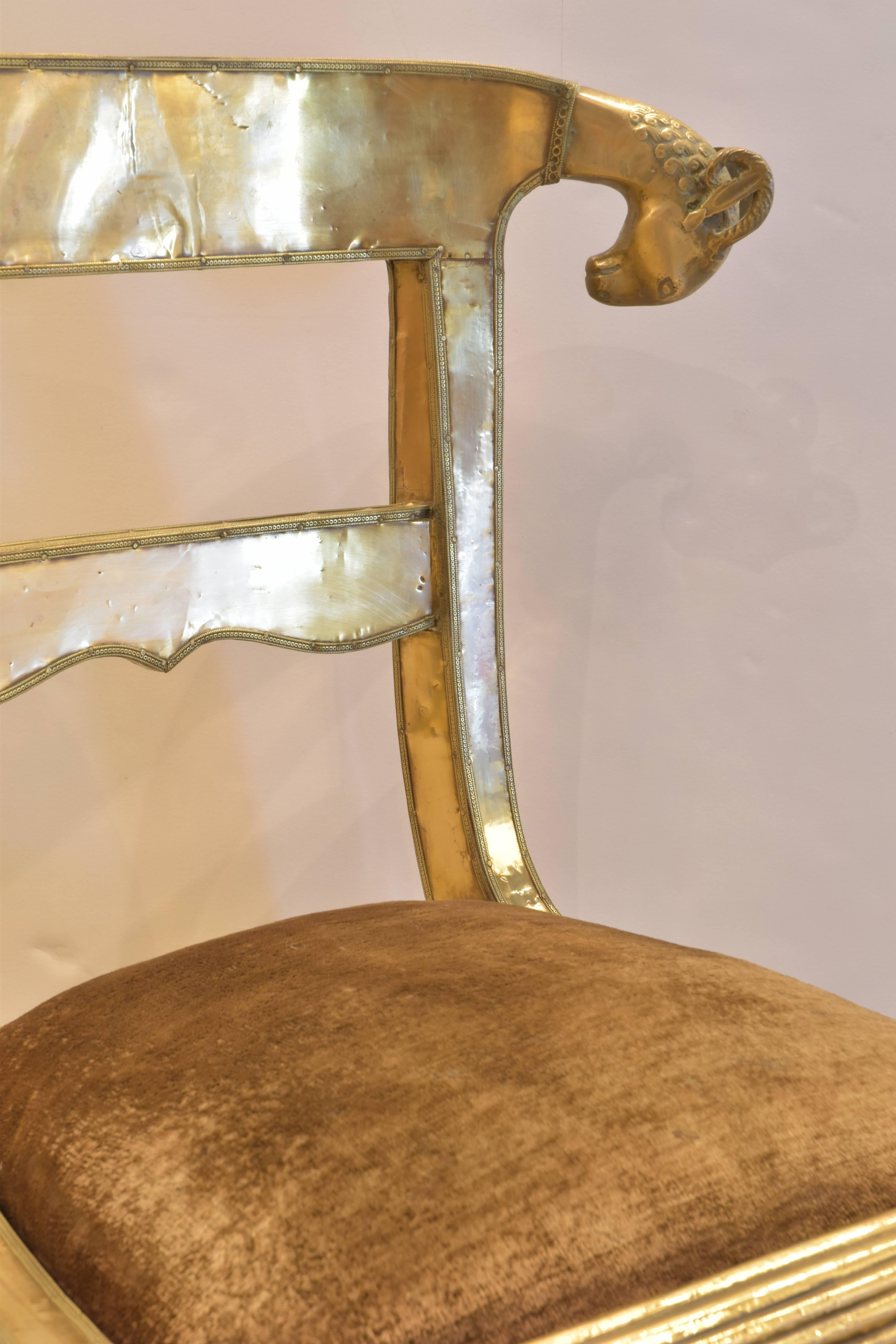 Brass Chair with Ram's Head Detail In Good Condition In San Antonio, TX