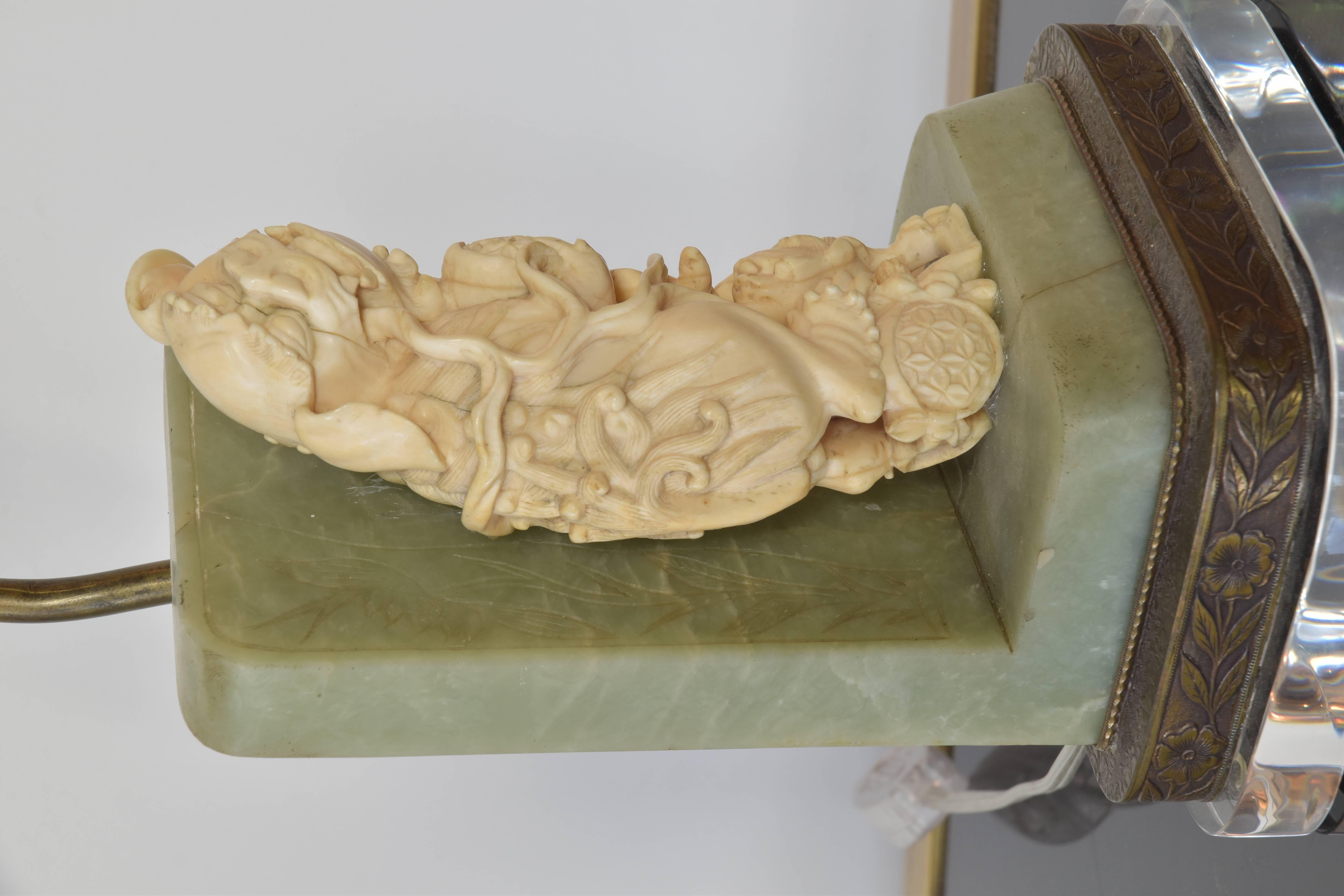20th Century Carved Bone and Jade Foo Dog Accent Lamp