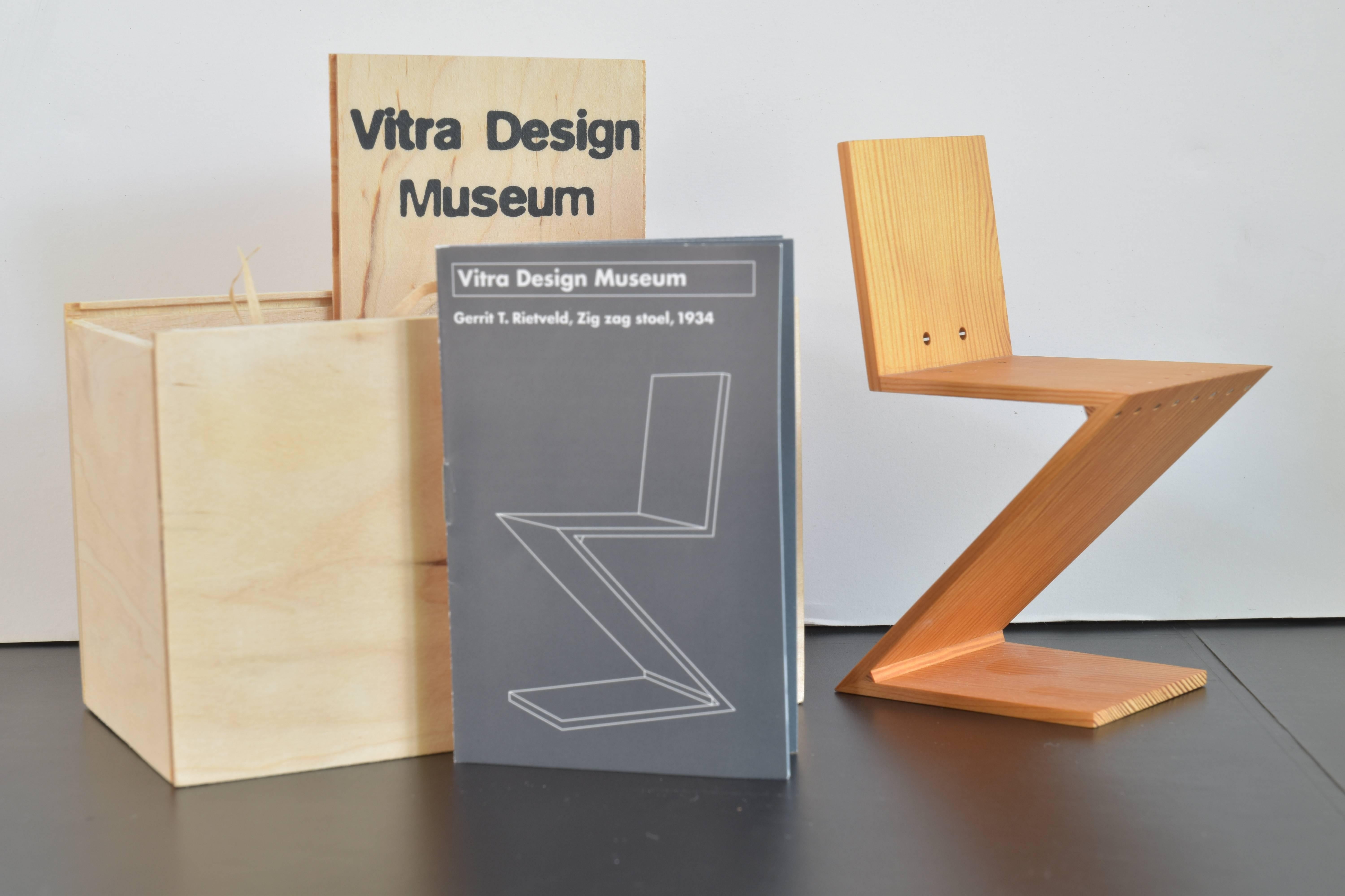Vitro Design Museum miniature model from the original Gerrit T. Rietveld zig zag Stool manufactured in 1937.

This model is after an original made by G. Van De Groenekan for Rietveld in 1935, manufactured by the Vitra Design Museum with permission