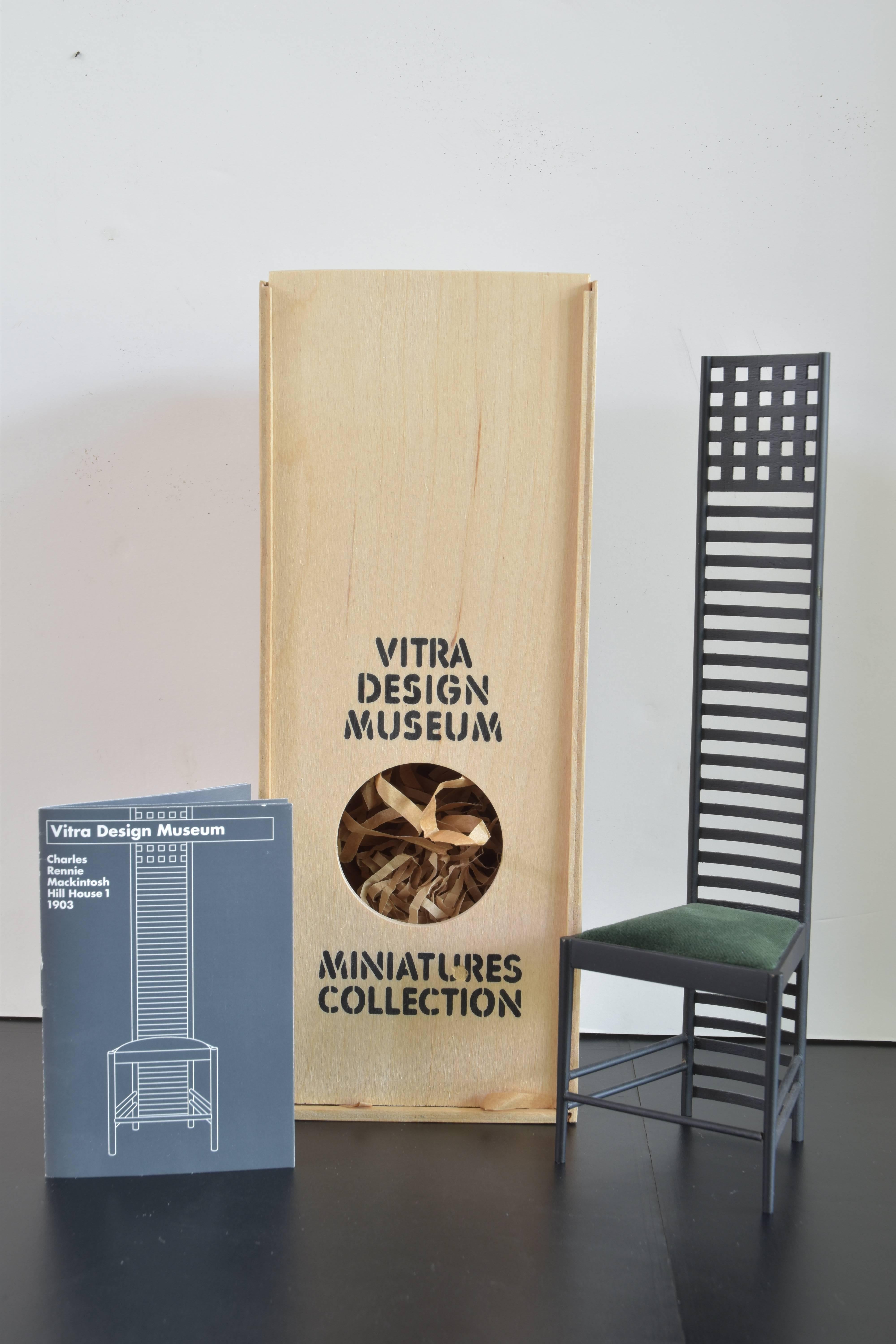 From the Vitra Design Museum collection of miniatures a charming model of the original Charles Rennie Mackintosh Hill House 1 chair from 1903.

Included with the model chair is the original box and historical narrative as noted below:

Charles