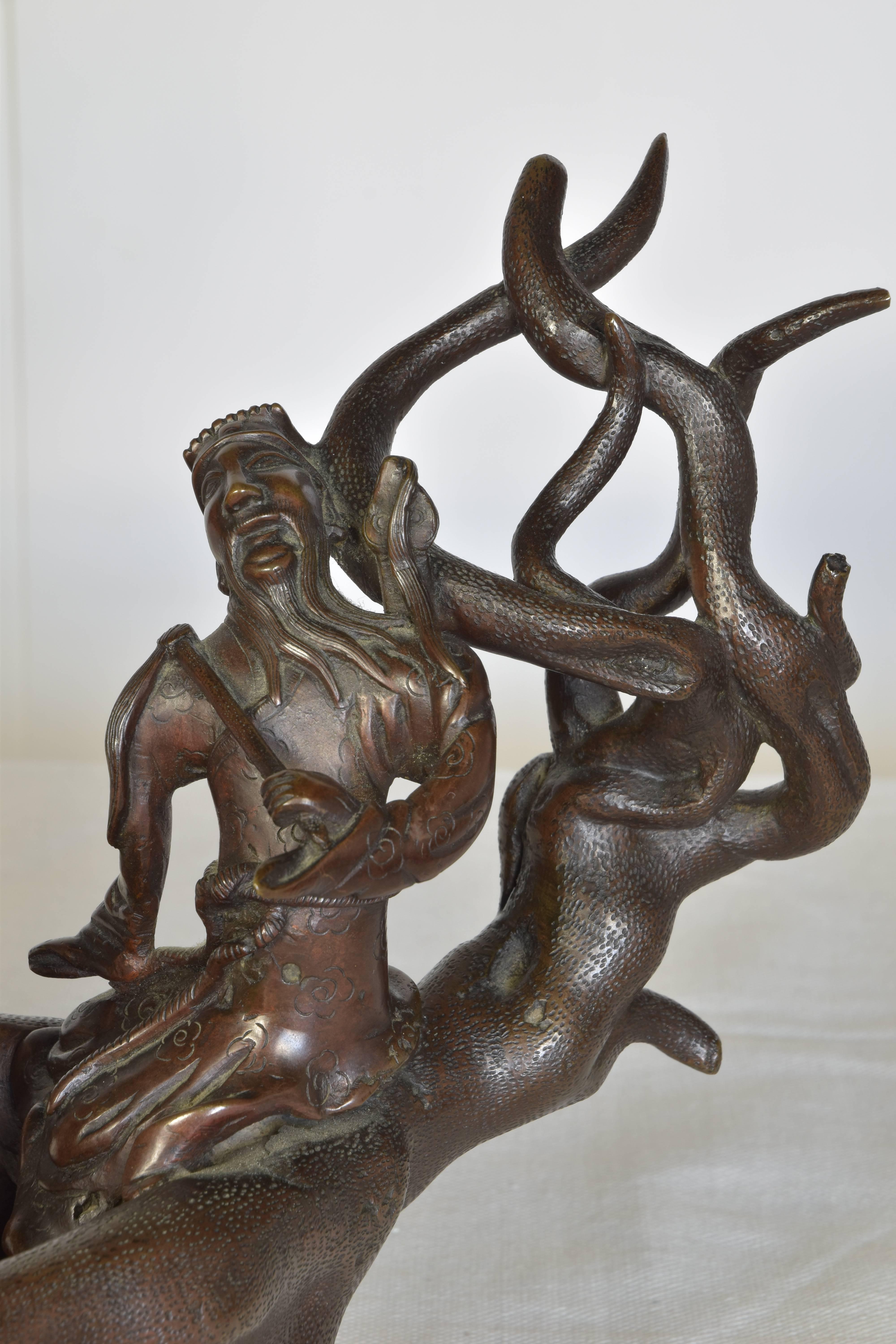 19th Century Cast Bronze Sculpture of Men in a Boat on a Carved Wooden Base, Signed For Sale