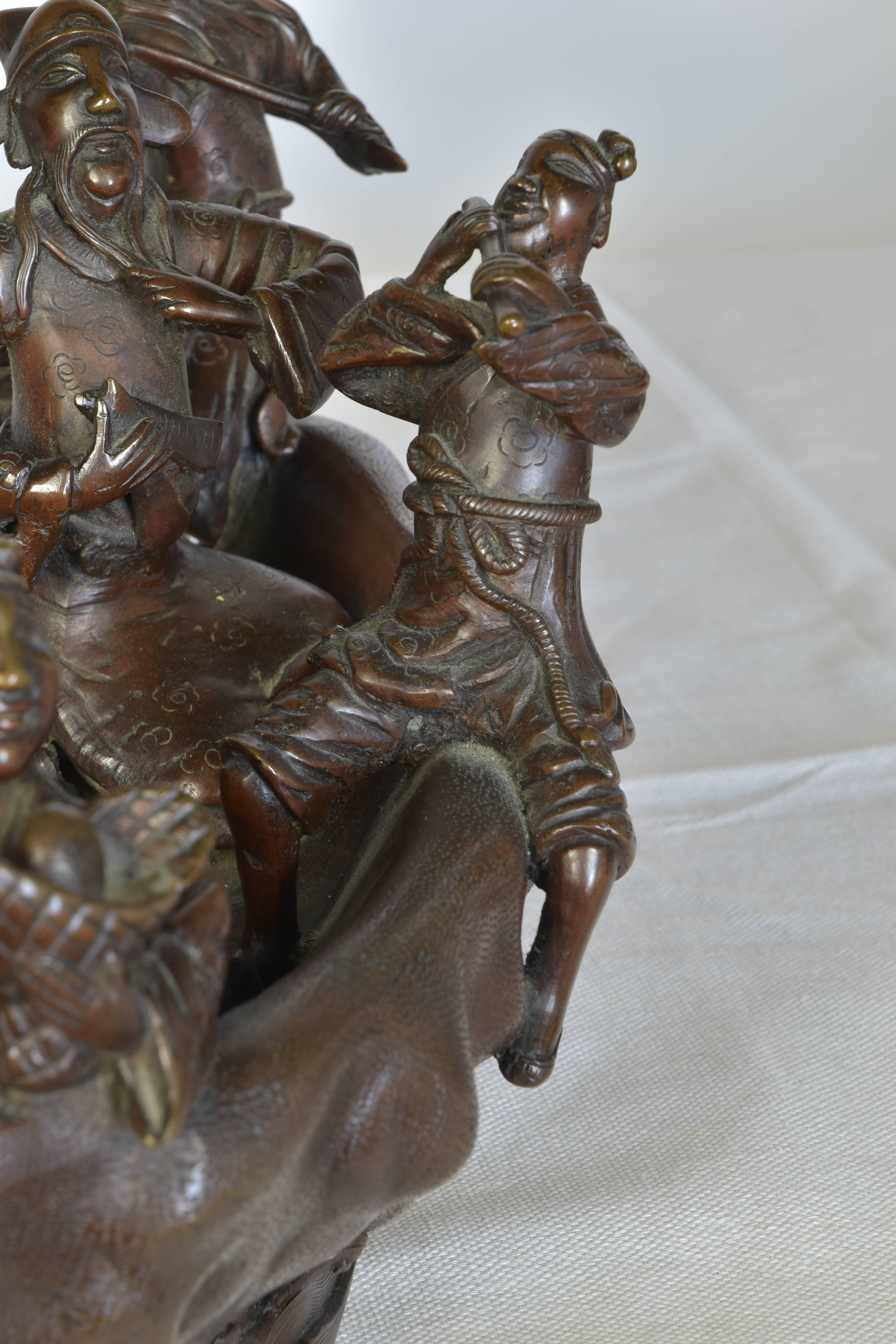 Cast Bronze Sculpture of Men in a Boat on a Carved Wooden Base, Signed For Sale 3