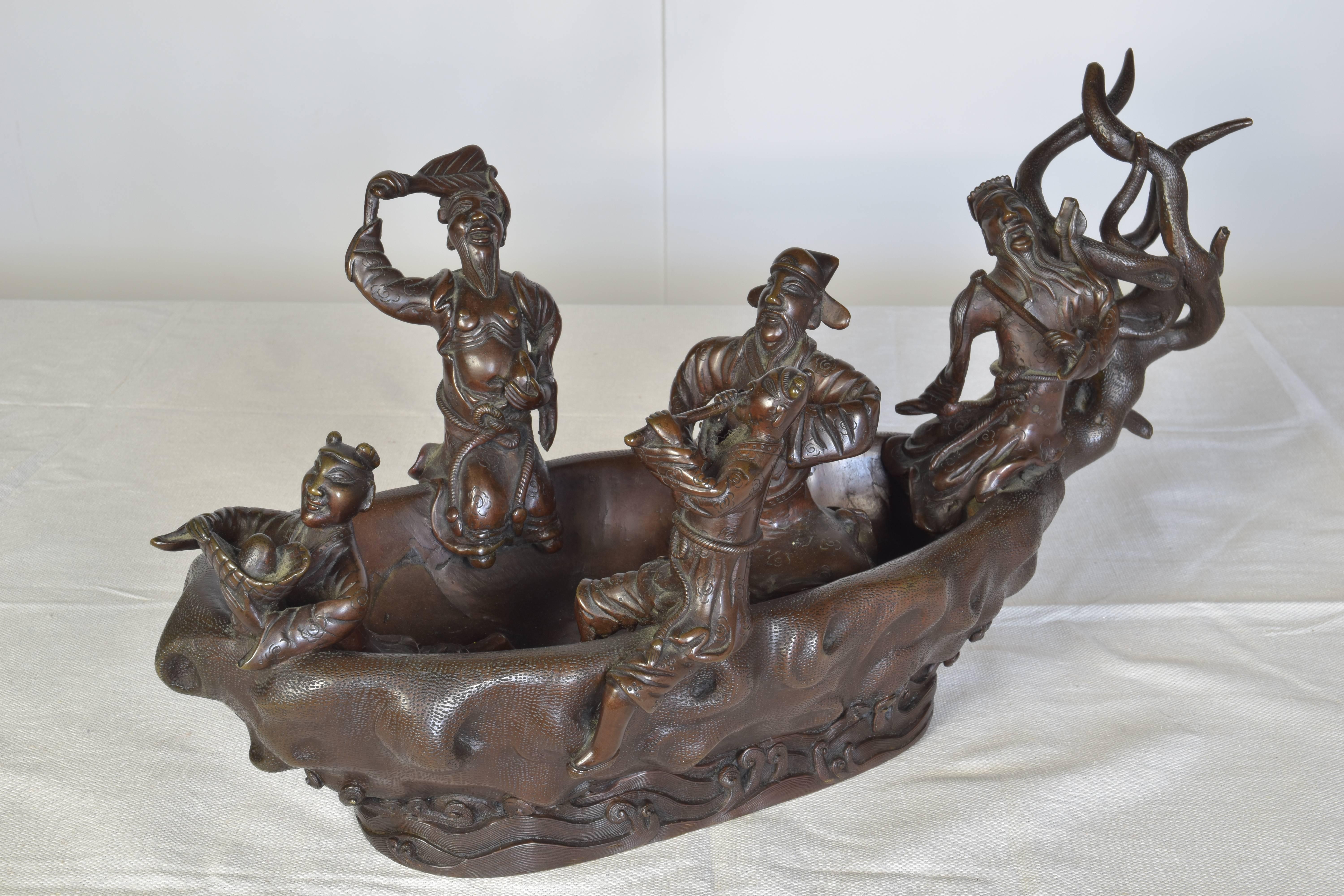 Cast Bronze Sculpture of Men in a Boat on a Carved Wooden Base, Signed For Sale 5