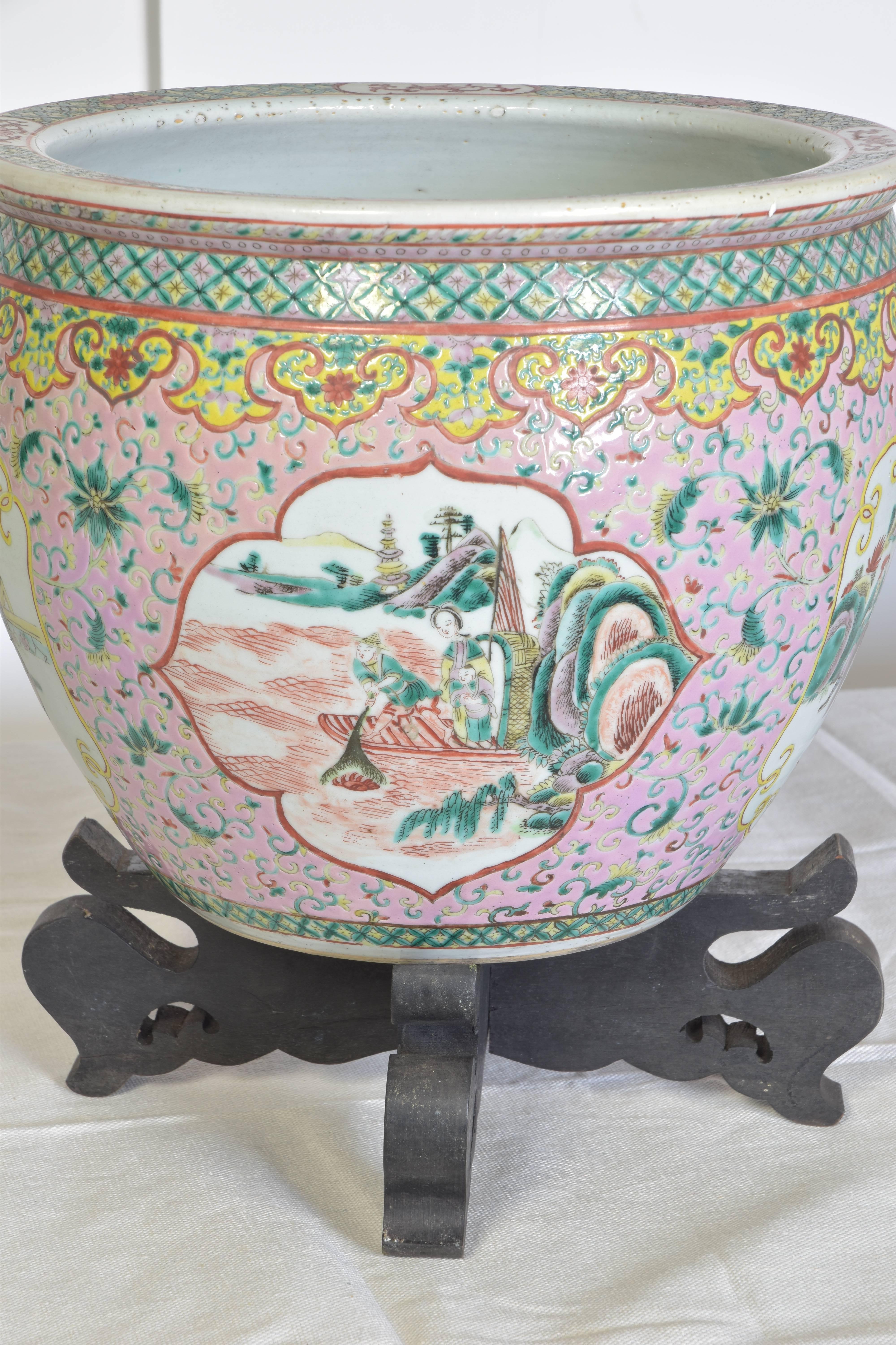 Chinese Export Hand-painted Chinese Jardiniere on Stand