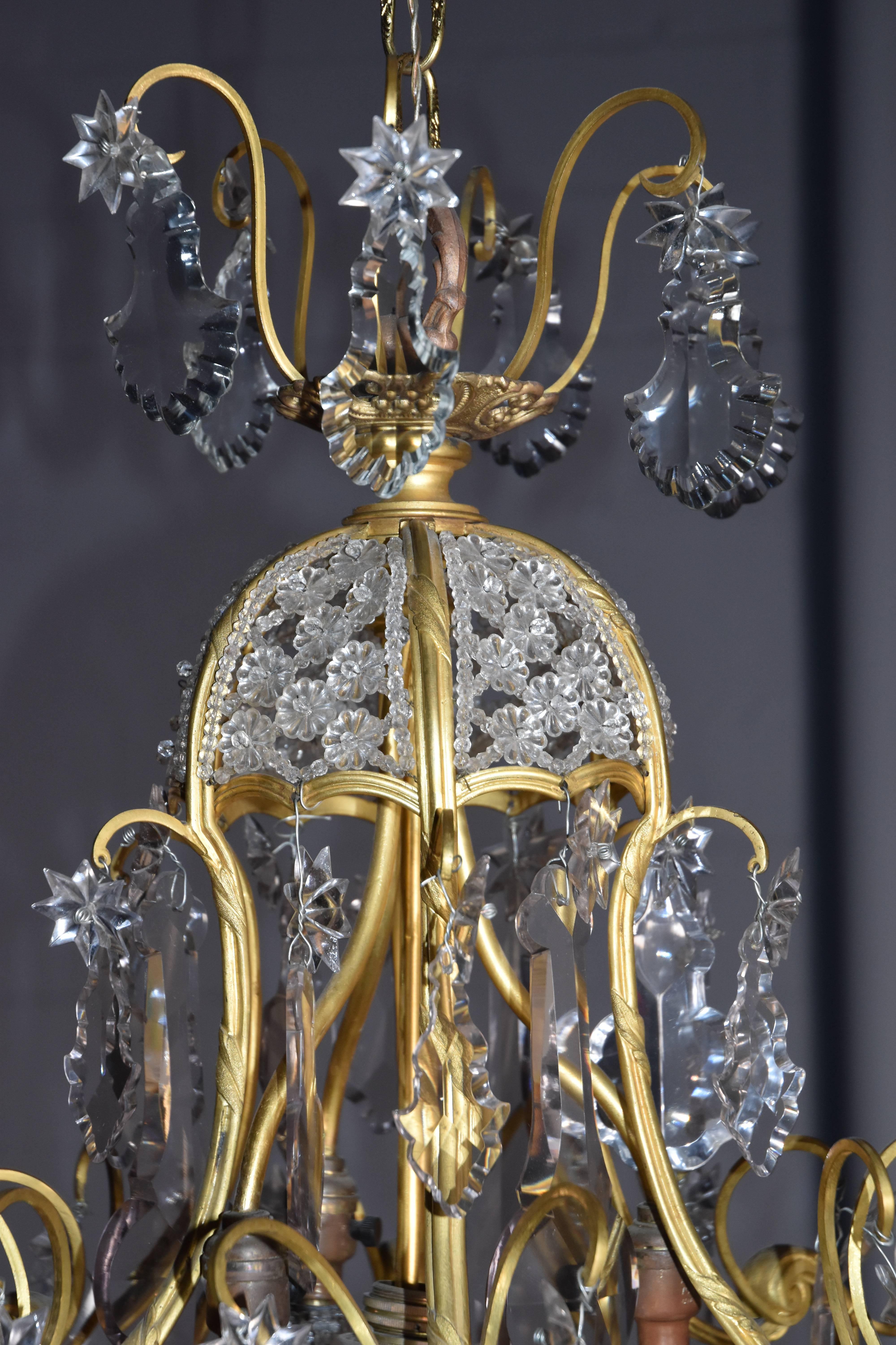European Dore Bronze Chandelier with Six (6) Arms and Faceted Crystal Prisms For Sale