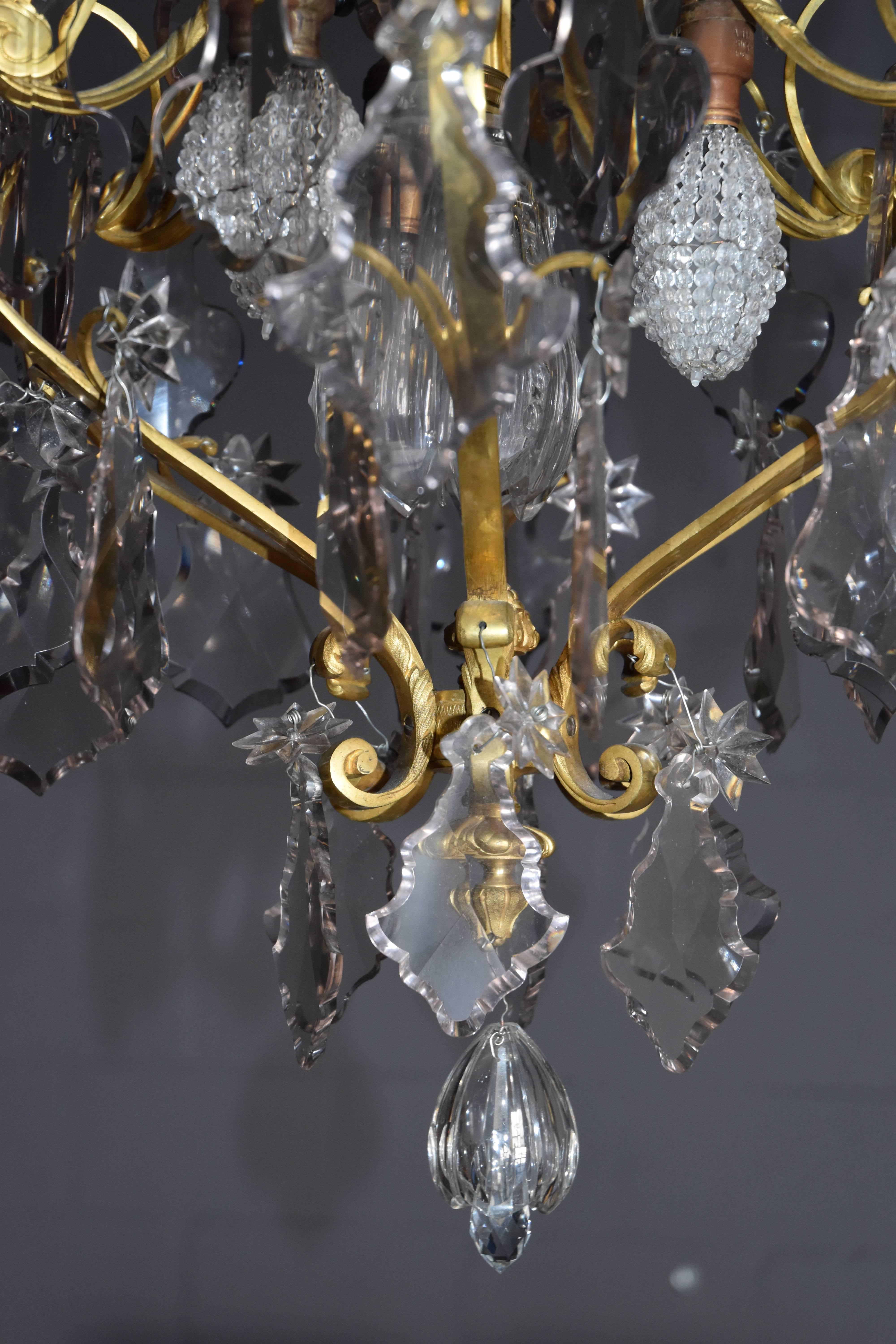 Dore Bronze Chandelier with Six (6) Arms and Faceted Crystal Prisms In Good Condition For Sale In San Antonio, TX