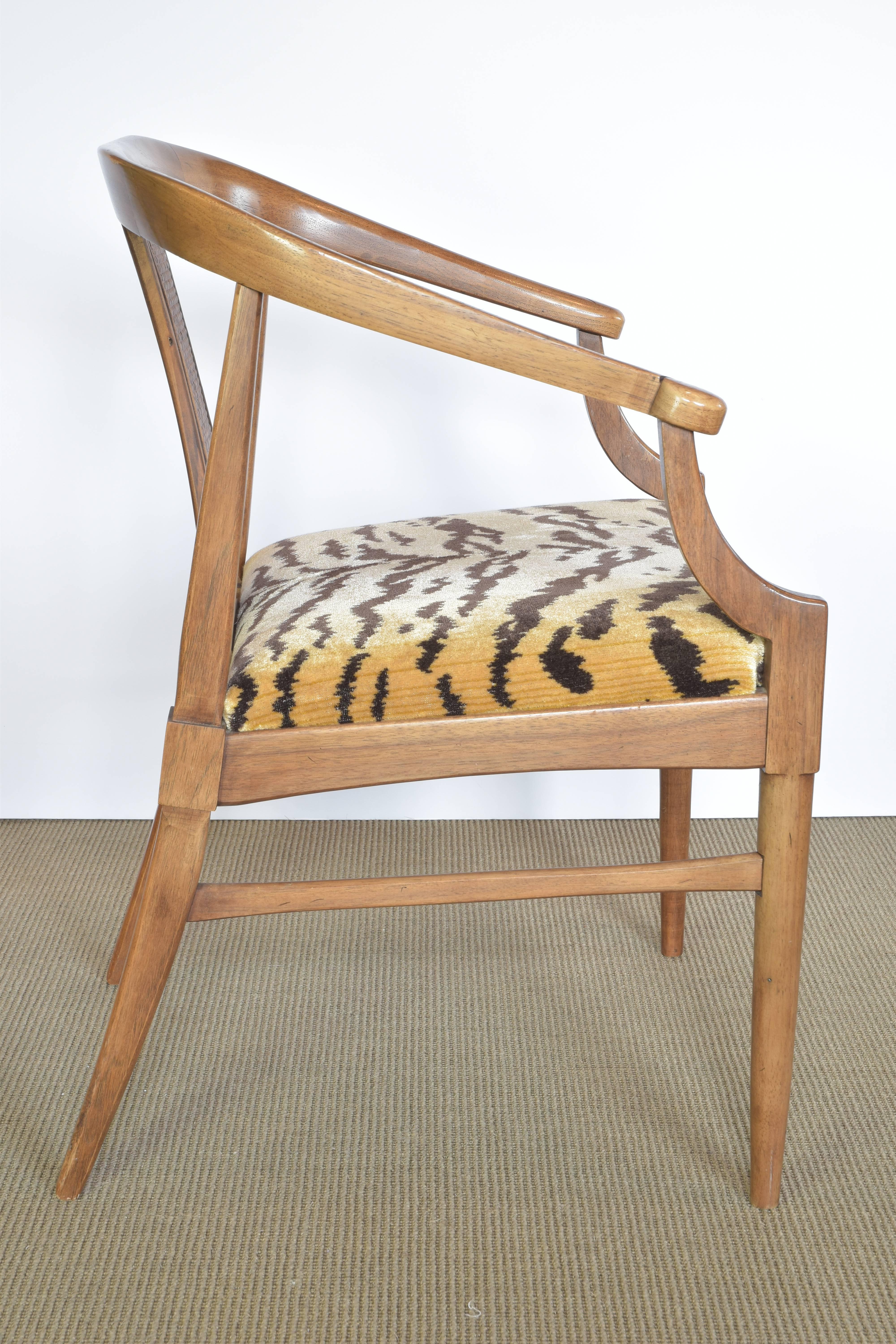 Handsome pair of Midcentury chairs with curved arms, new tiger velvet seat upholstery and original finish. Chairs are by Lane.