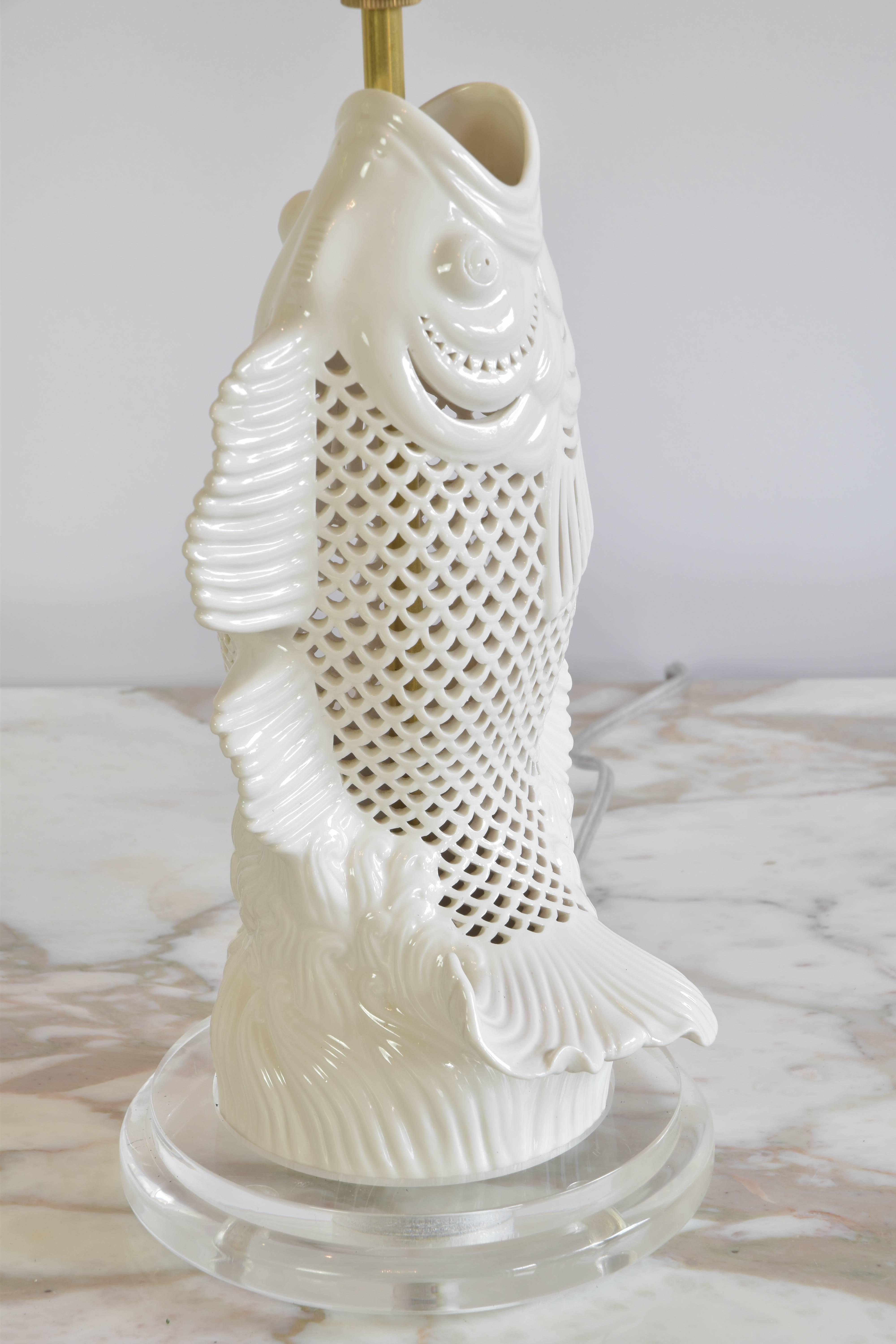 Chinese Export Pair of Pierced Porcelain Blanc de Chine Fish Lamps