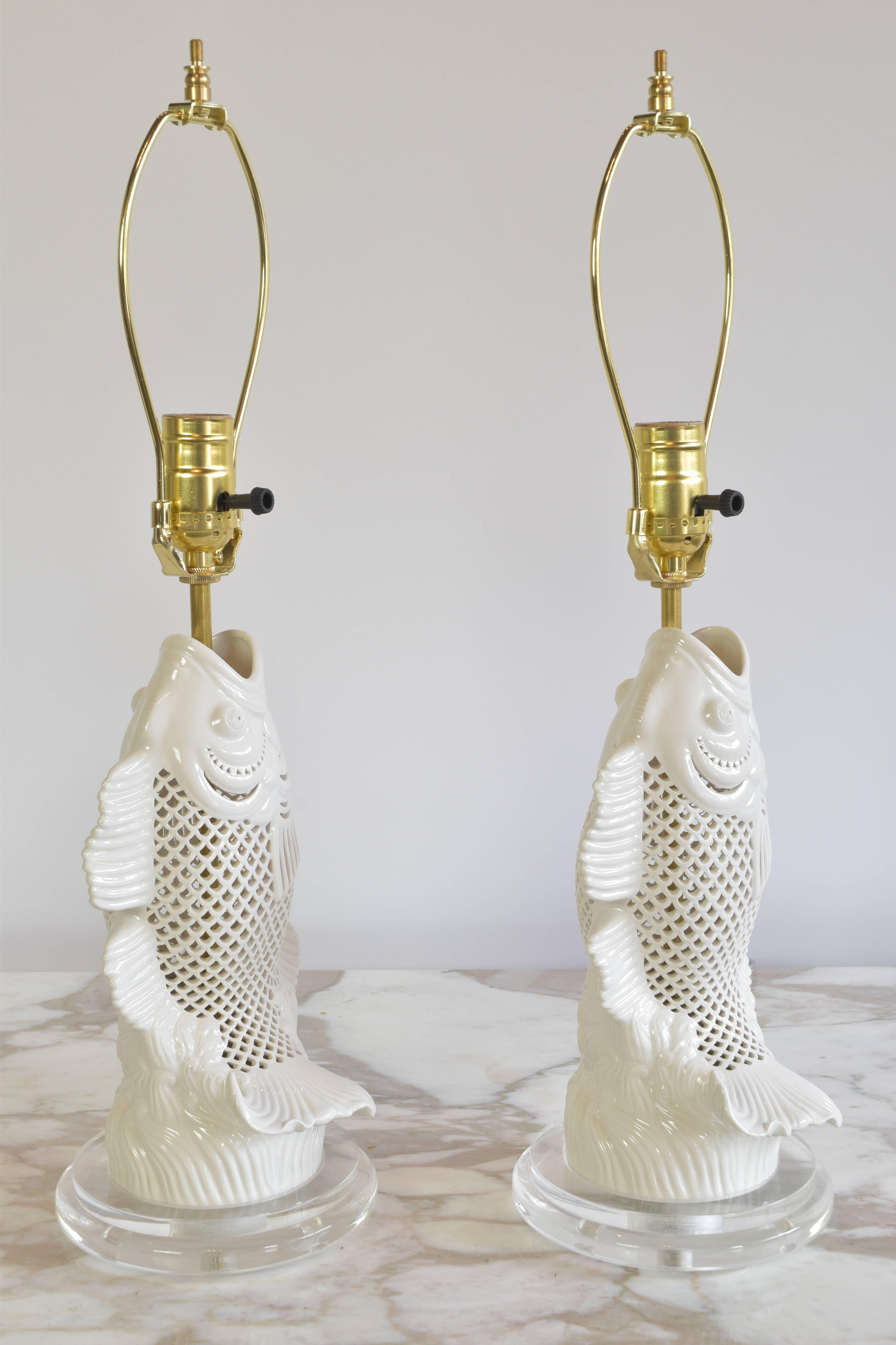Chinese Pair of Pierced Porcelain Blanc de Chine Fish Lamps