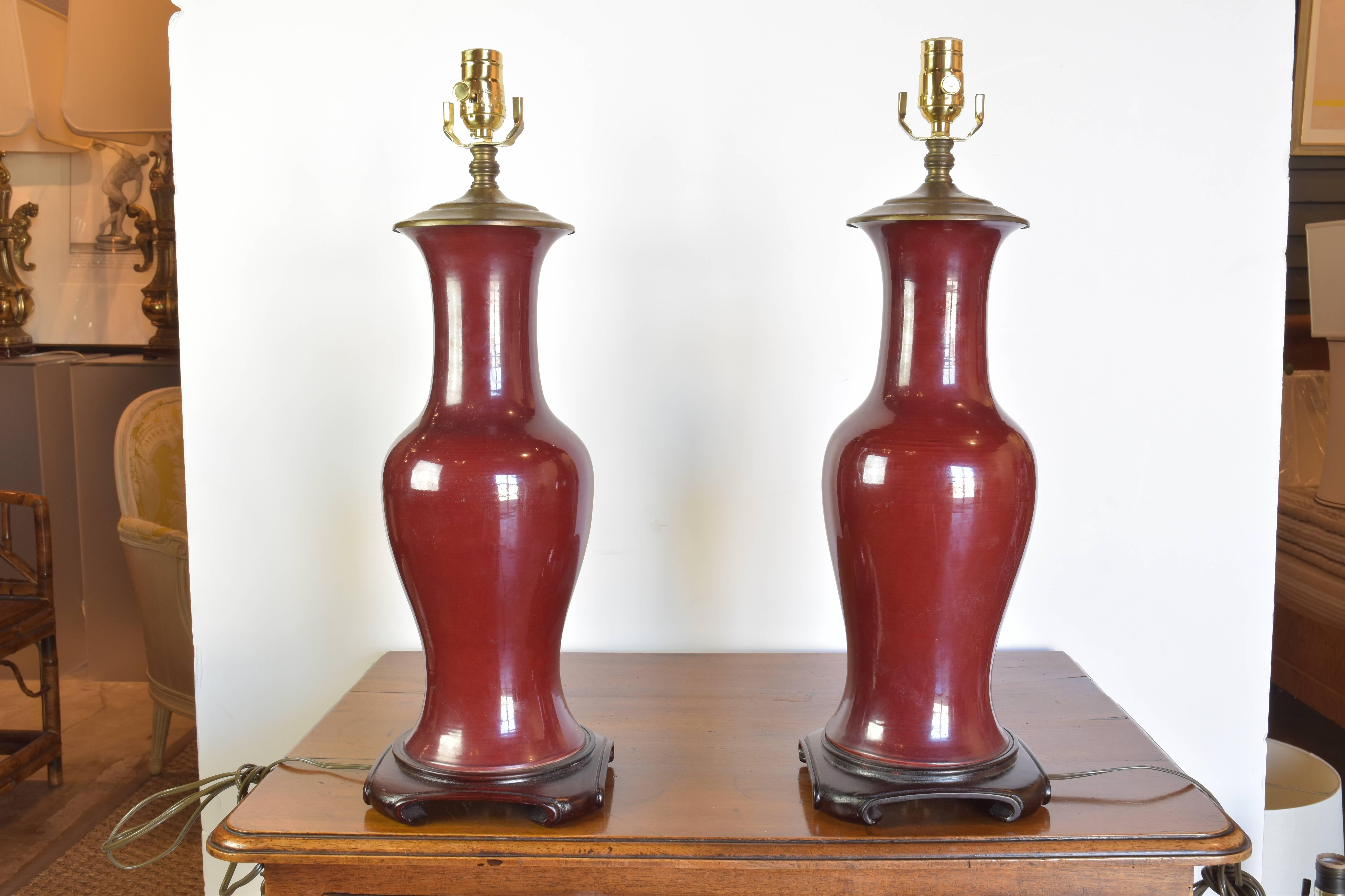 Porcelain Pair of 19th Century Oxblood Chinese Vases as Lamps
