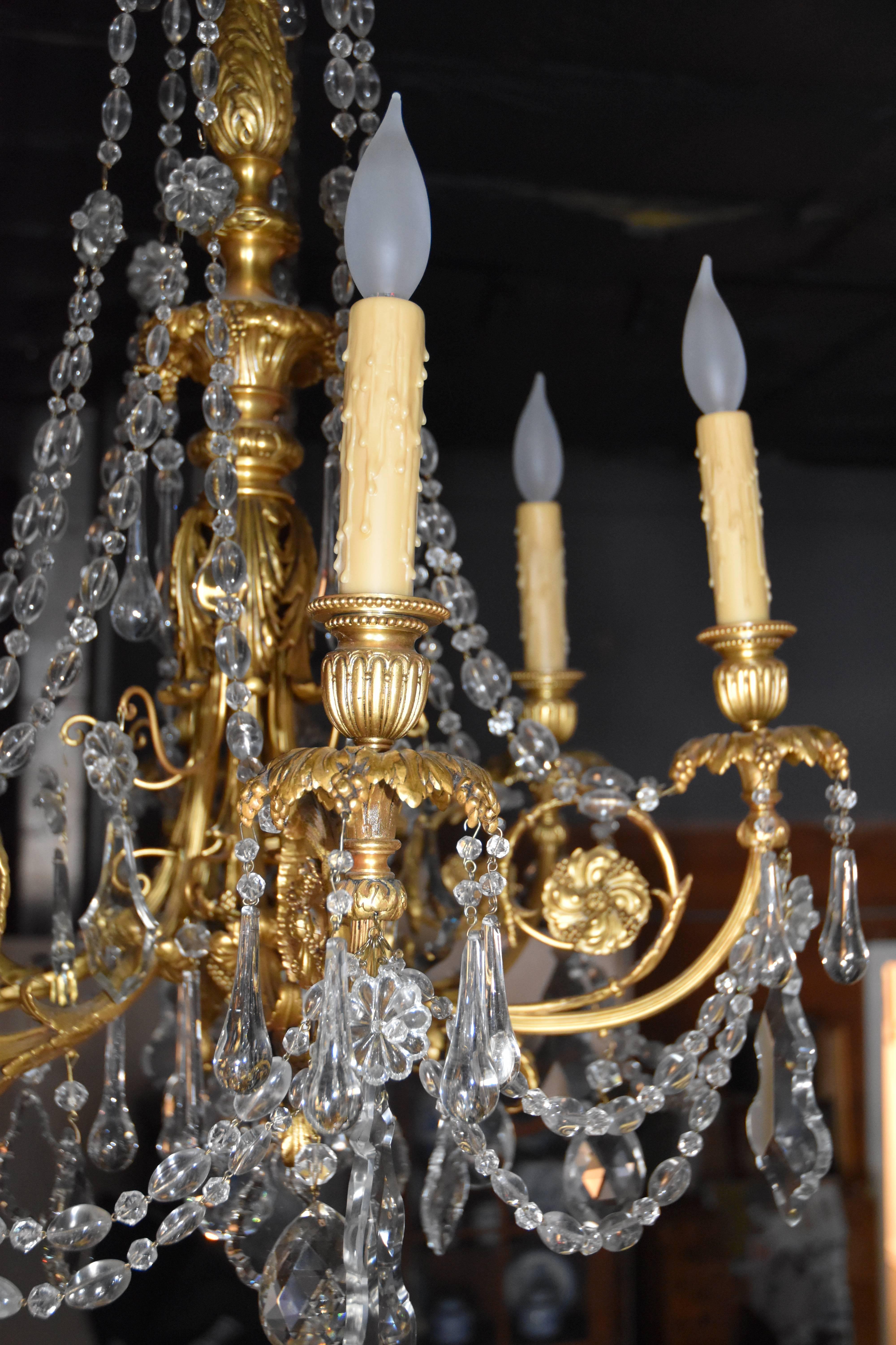 20th Century Bronze Six (6) Arm Chandelier with Faceted Crystal Prisms