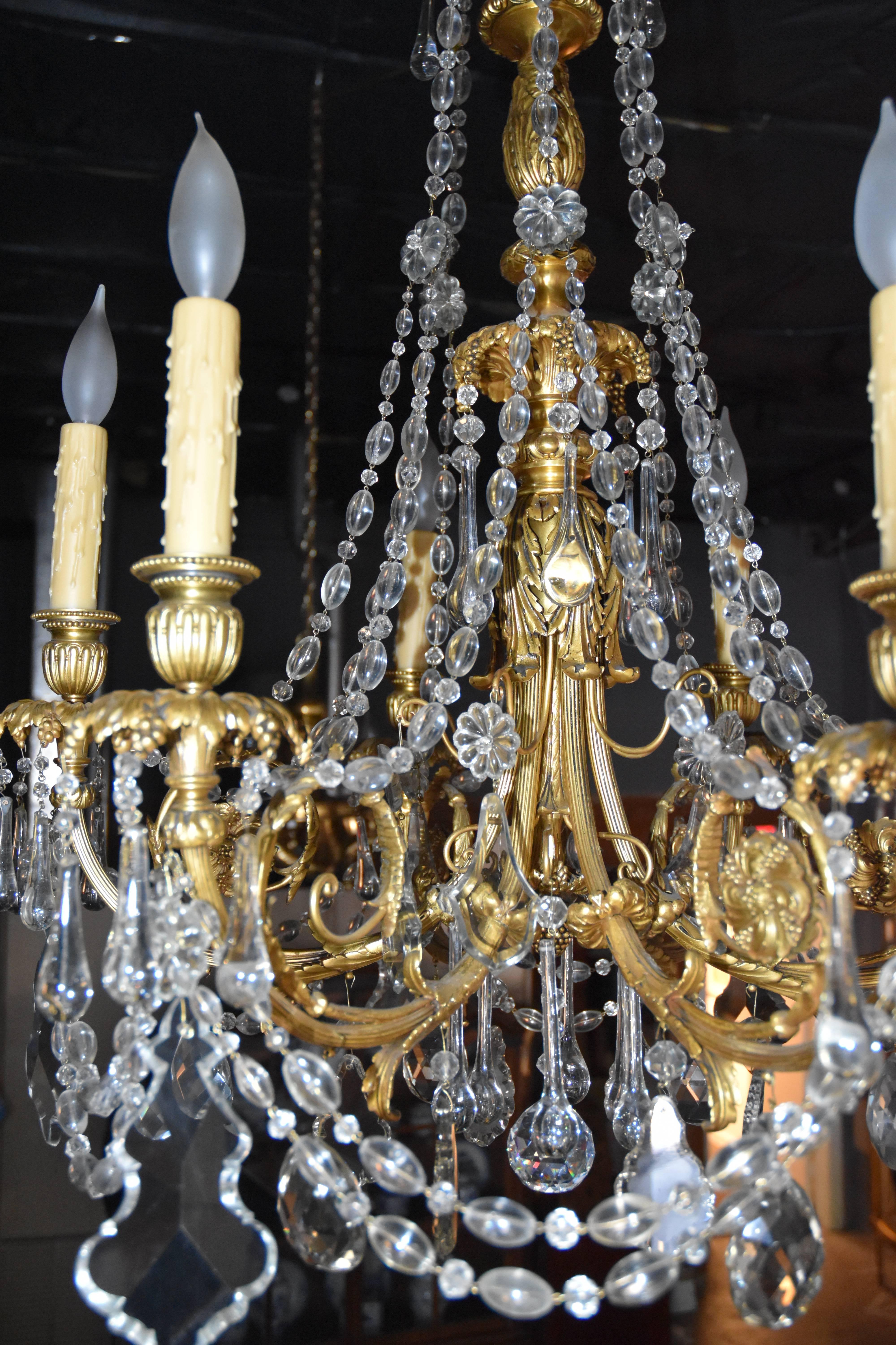 Bronze Six (6) Arm Chandelier with Faceted Crystal Prisms 2