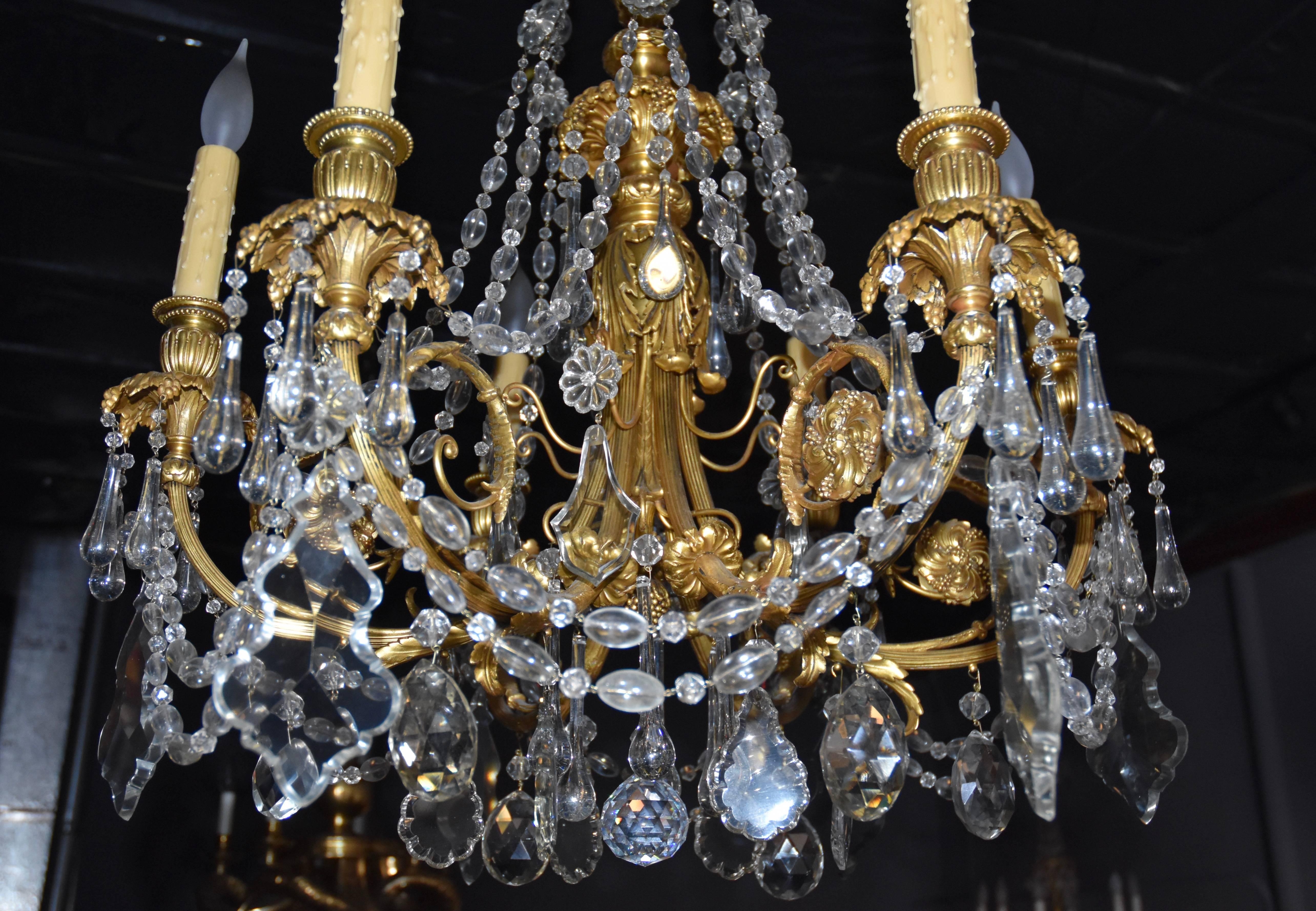 Bronze Six (6) Arm Chandelier with Faceted Crystal Prisms 1