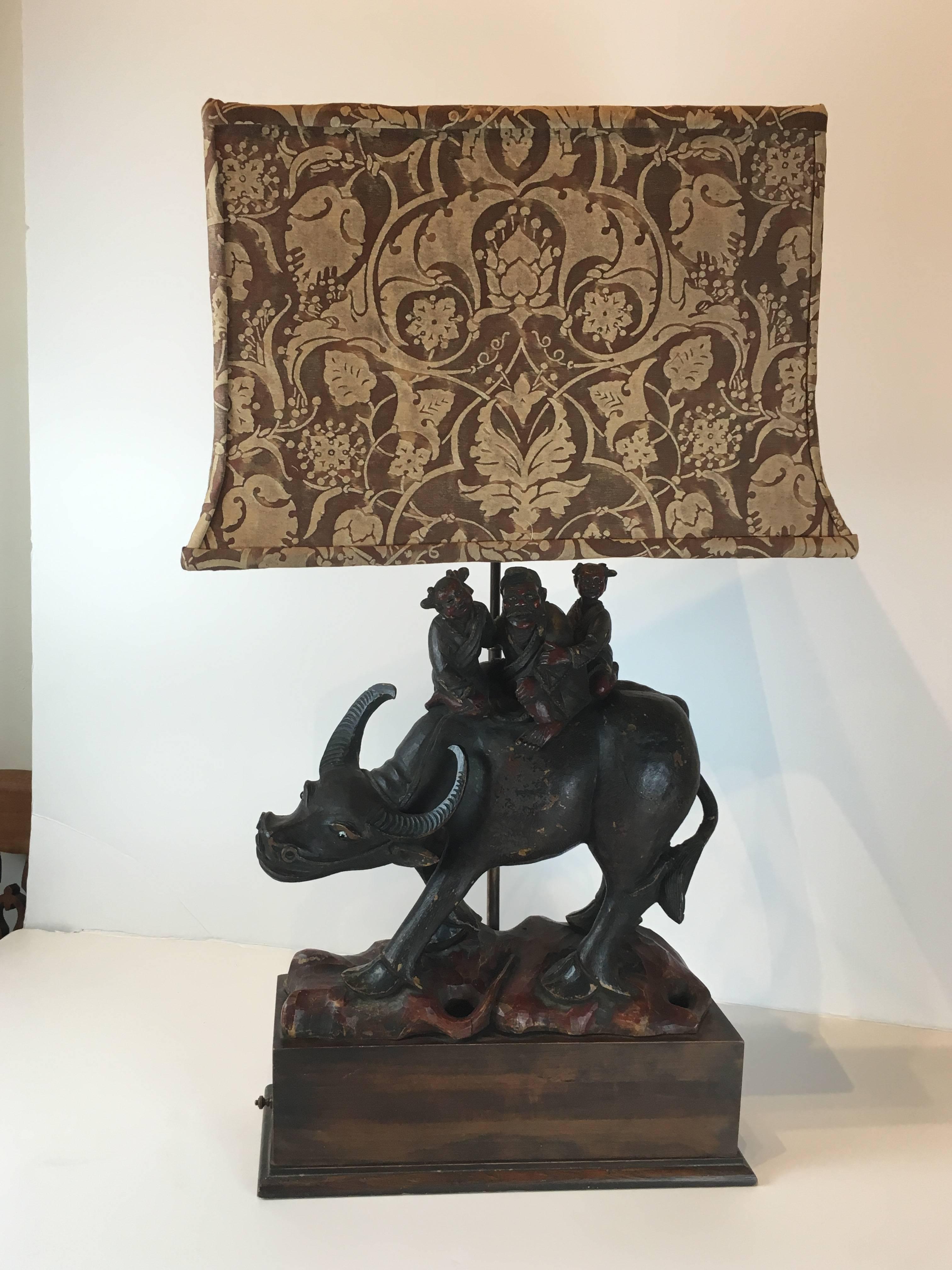 Chinese Water Buffalo Lamp with Custom Fortuny Shade For Sale