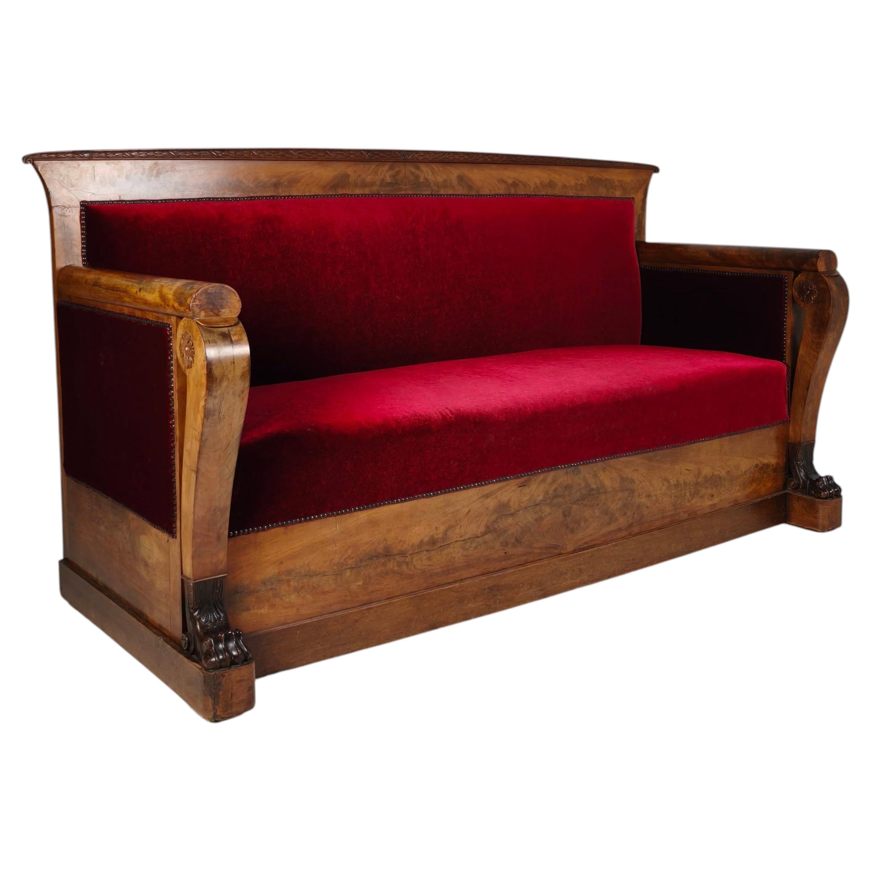 Empire Walnut Red Sofa, early 19th Century For Sale