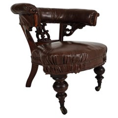 Antique Leather Armchair by Robson & Son – Carved Wood & Castors, Newcastle