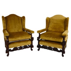 Pair of 19th-Century Carved Walnut Armchairs – Floral Motifs – Velvet Upholstery