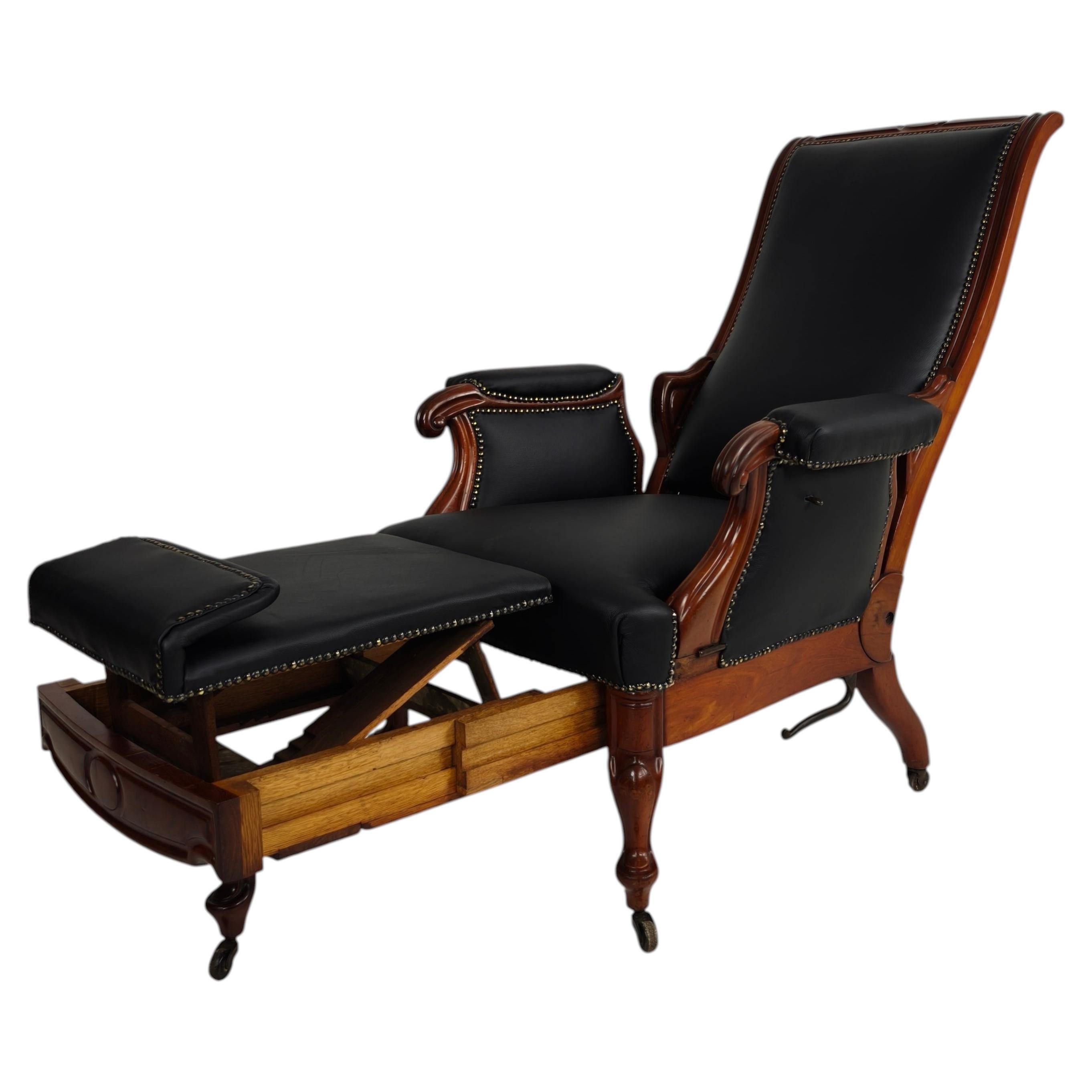 19th Century Antique Library Chair by Horrix – Black Leather For Sale