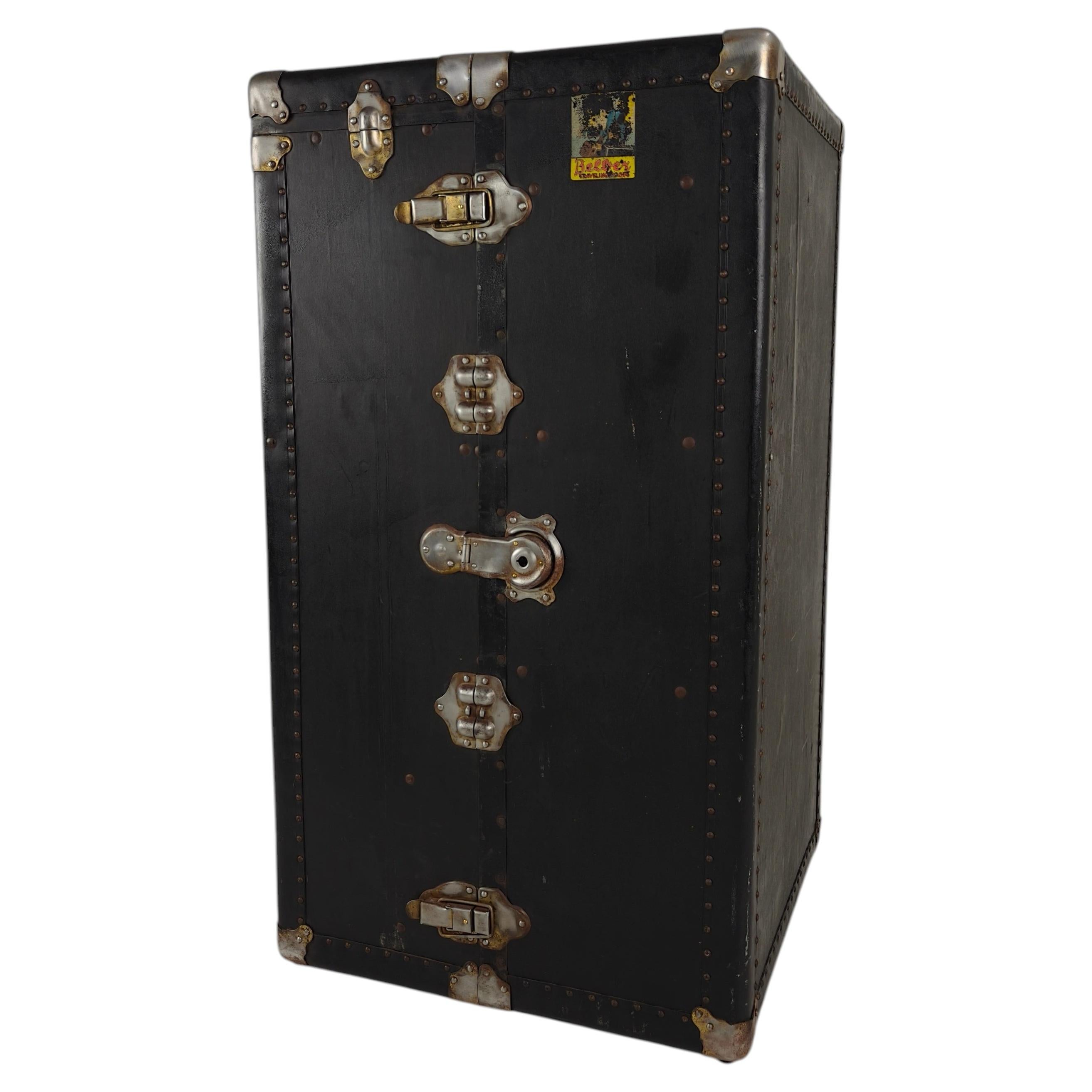 Antique 1924 Belber Black Leather Steamer Trunk - Large Travel Wardrobe For Sale